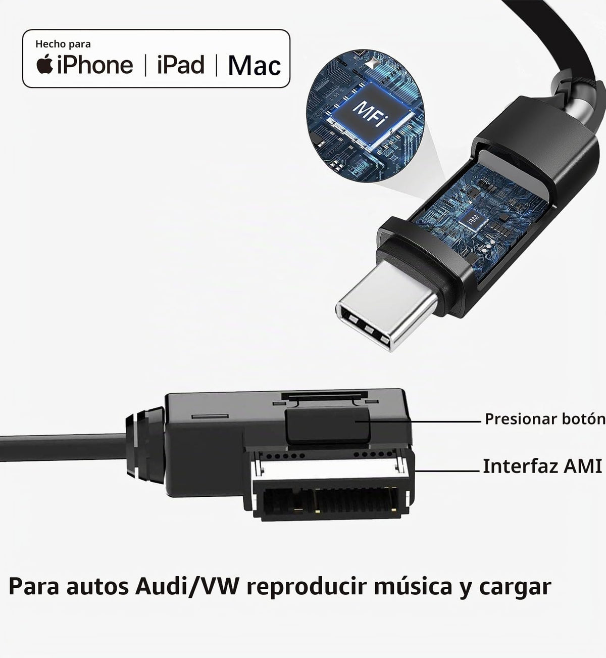 Cable Auxiliar Naiyal AMI MMI para Apple iPhone 15/iPad Pro Compatible con Audi y VW 2011-2016