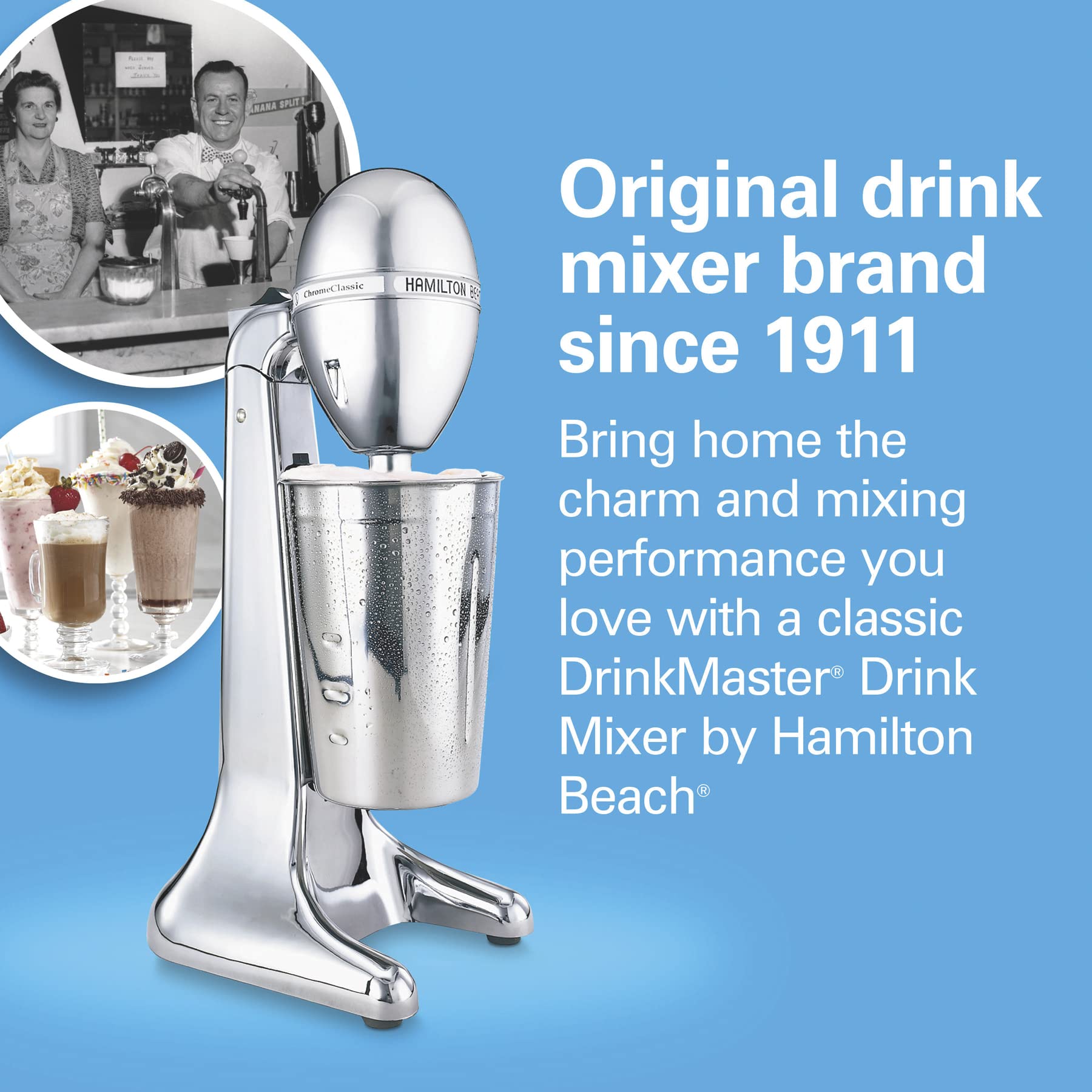 Hamilton Beach 730C DrinkMaster Classic - Mezclador de bebidas de 28 onzas, vaso mezclador, cromado