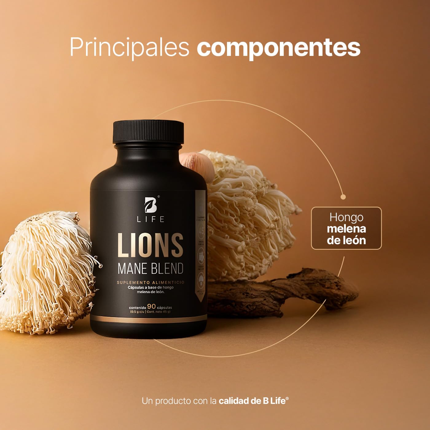 Hongo Melena de León Puro 90 Cápsulas 1000 mg por porción. Ingredientes naturales. Lions Mane Blend B Life.