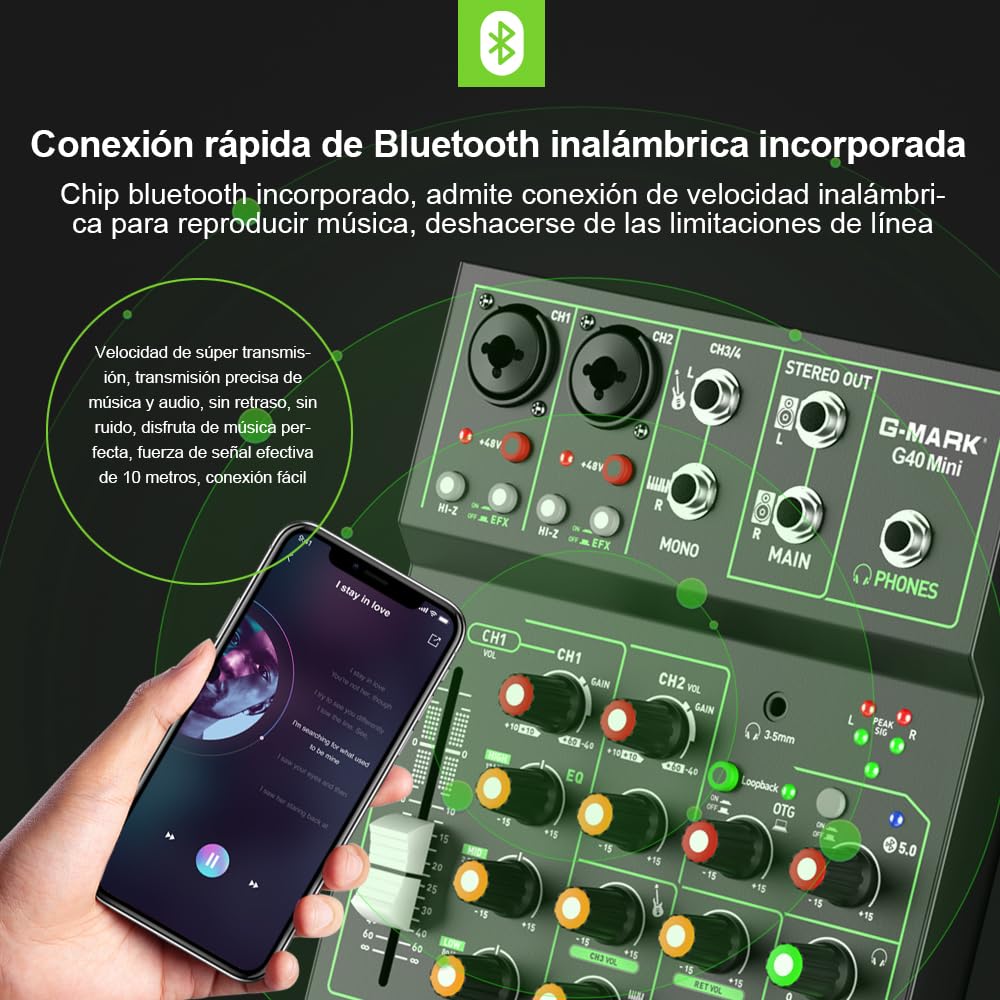 G-MARK Portátil Mezcladora de Audio de 4 Canales, USB OTG Interfaz Bluetooth Estéreo Phantom Power de 48 V Consola De Sonido para DJ, Estudio, Teléfono Móvil, Tableta (G40MINI 4 Canales)