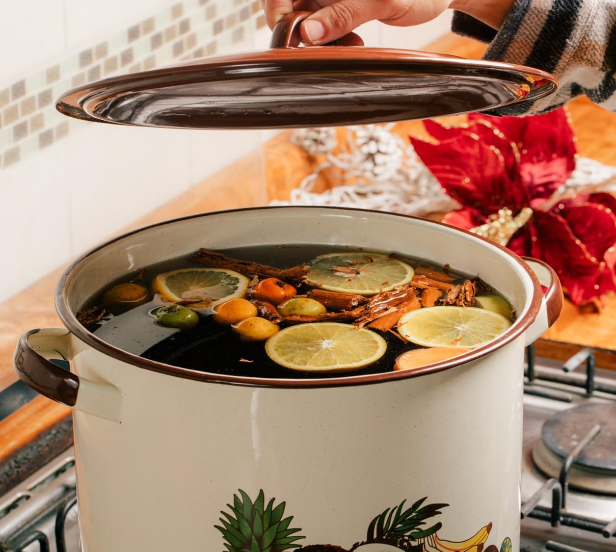 Cinsa Juego de ollas Ideal 6 piezas, Acero Vitrificado, Crema con decorado Frutas Tropicales
