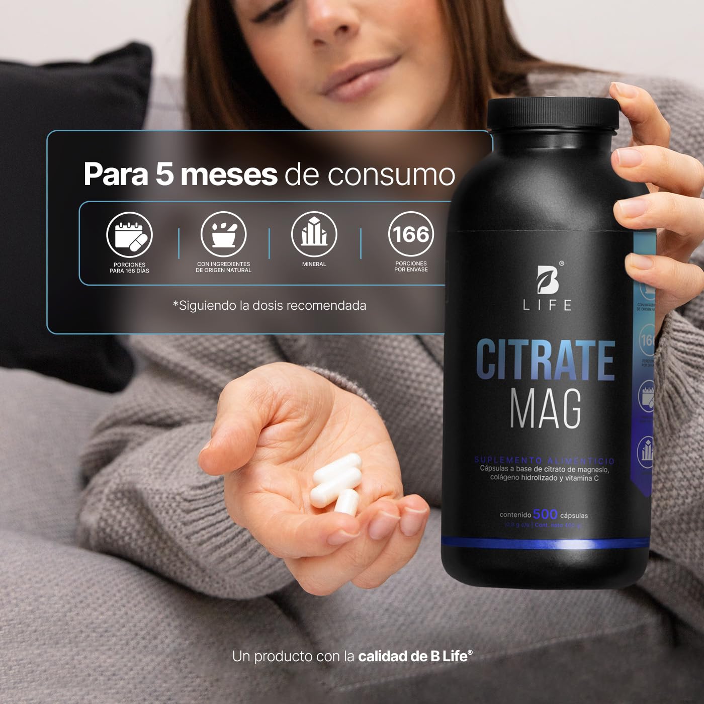 B Life Citrato de Magnesio Puro | 500 cápsulas | 2400 mg por porción | Alta absorción | Adicionado con Vitamina C y Colágeno Hidrolizado | Ingredientes Naturales | Citrate Mag.