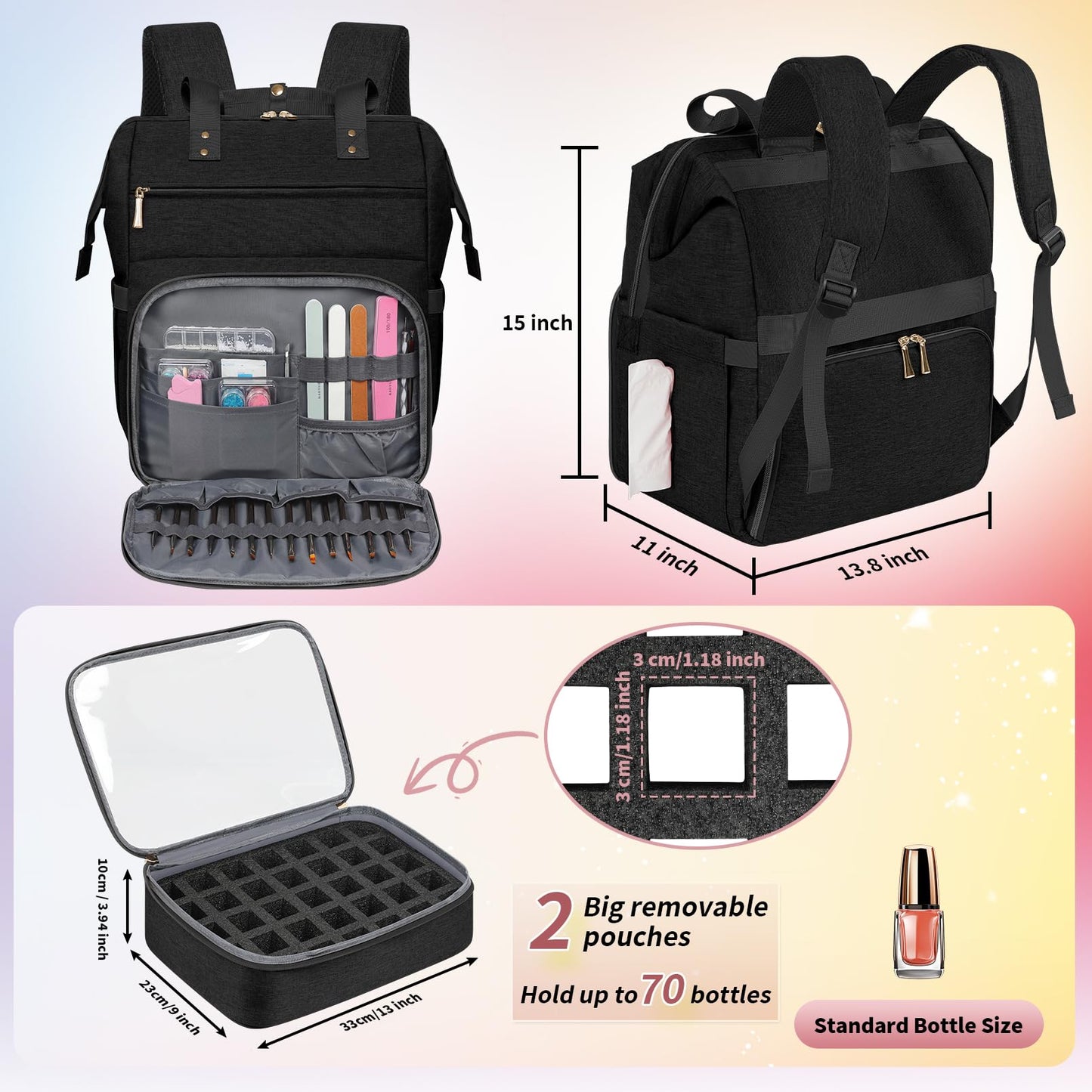 LTINVECK - Funda organizadora de esmalte de uñas con capacidad para 70 botellas (15 ml/0.5 fl.oz), Negro, Large