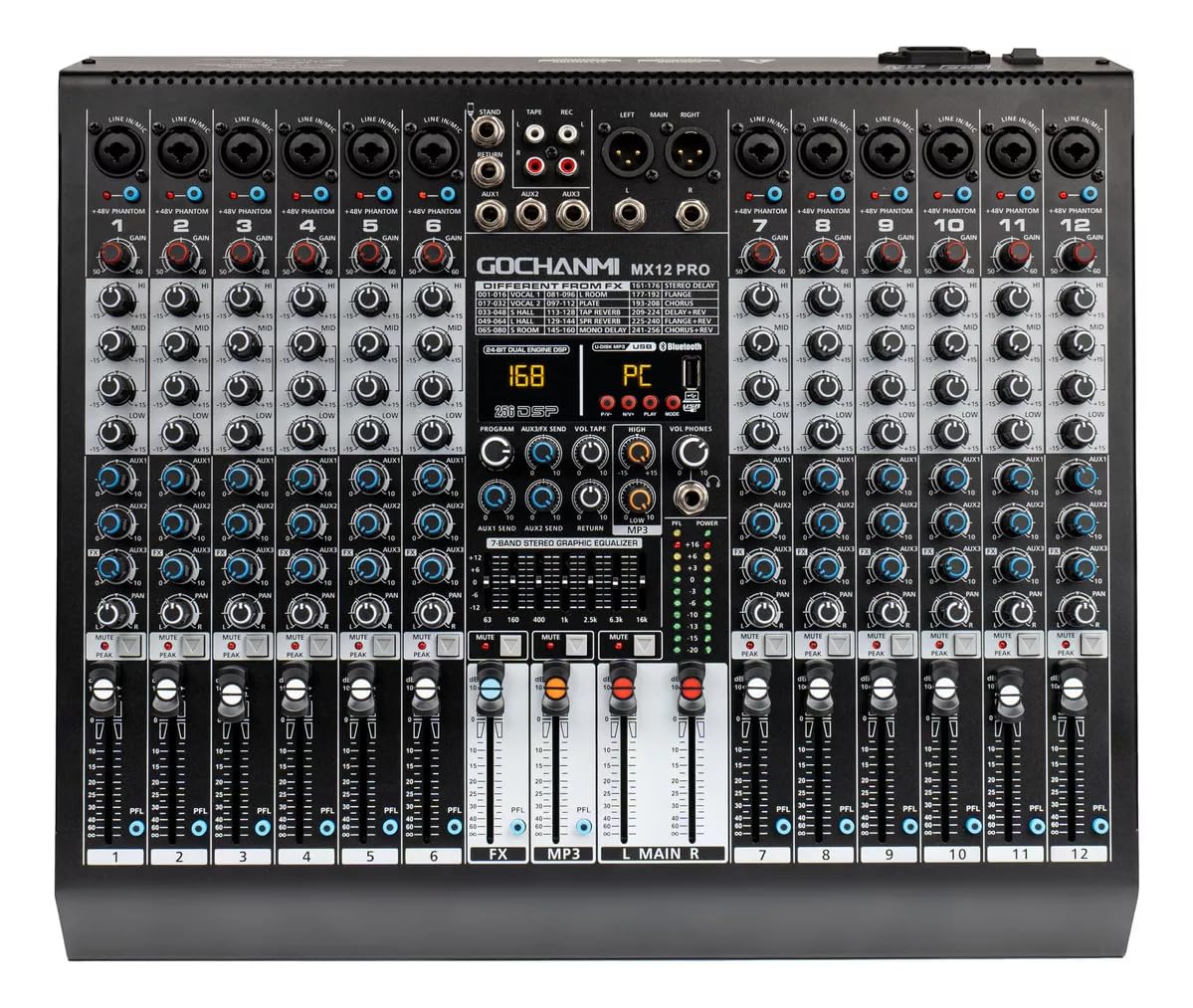 GOCHANMI MX12 mezcladora de audio 12 canales profesional con 48V phantom power Botón Mute USB Bluetooth y Efectos 99DSP y Ecualizador de 8 Bandas para Dj Grabación de consola de audio mixer