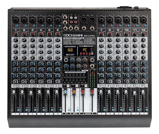 GOCHANMI MX12 mezcladora de audio 12 canales profesional con 48V phantom power Botón Mute USB Bluetooth y Efectos 99DSP y Ecualizador de 8 Bandas para Dj Grabación de consola de audio mixer