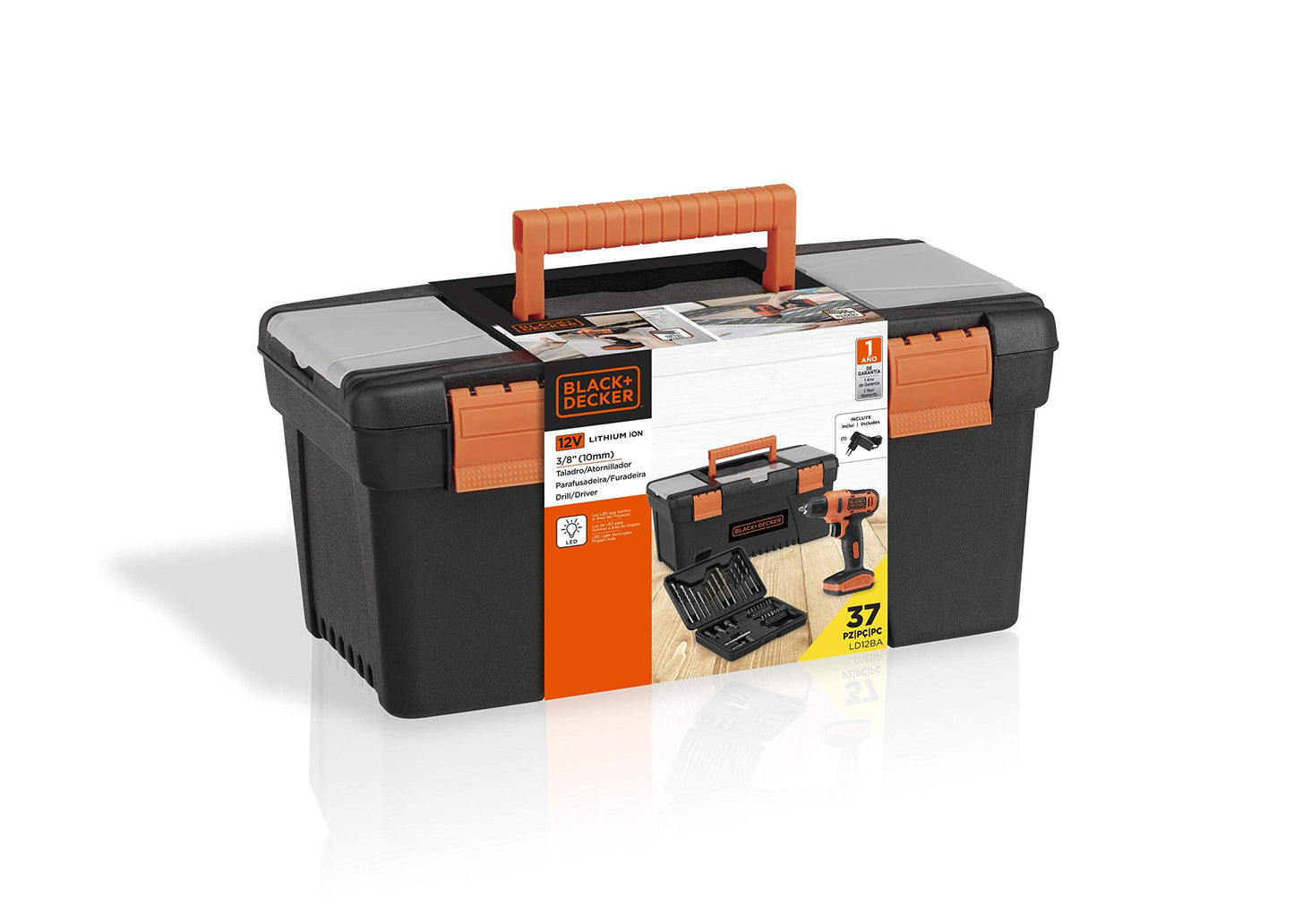 BLACK+DECKER Taladro Atornillador 3/8" (10mm), 12V, Incluye 34 Accesorios y Caja de Herramientas, LD12BA
