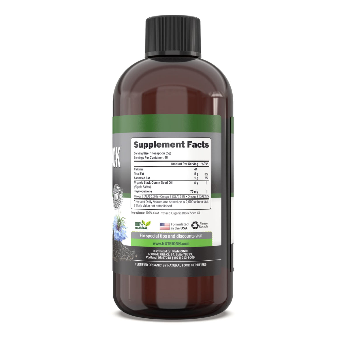 NutriONN Aceite De Semilla Negra Orgánico - Aceite De Semilla De Comino Negro Líquido Orgánico Certificado Por La Usda - Alto Contenido De Timoquinona - Sin Ogm Y Prensado En Frío - Rica Fuente De Áci