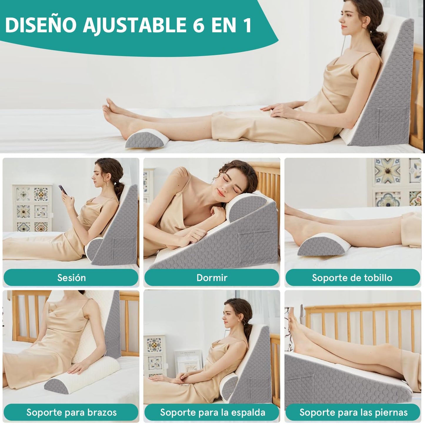 Almohada Antireflujo Adulto, Almohada de Cuña para Cuña |Algodón de Silicona Mejorado| Almohada Triangular con 2 Bolsillos y 1 Almohada para el Cuello,Apoya y alivia el dolor corporal y Reflujo Ácido