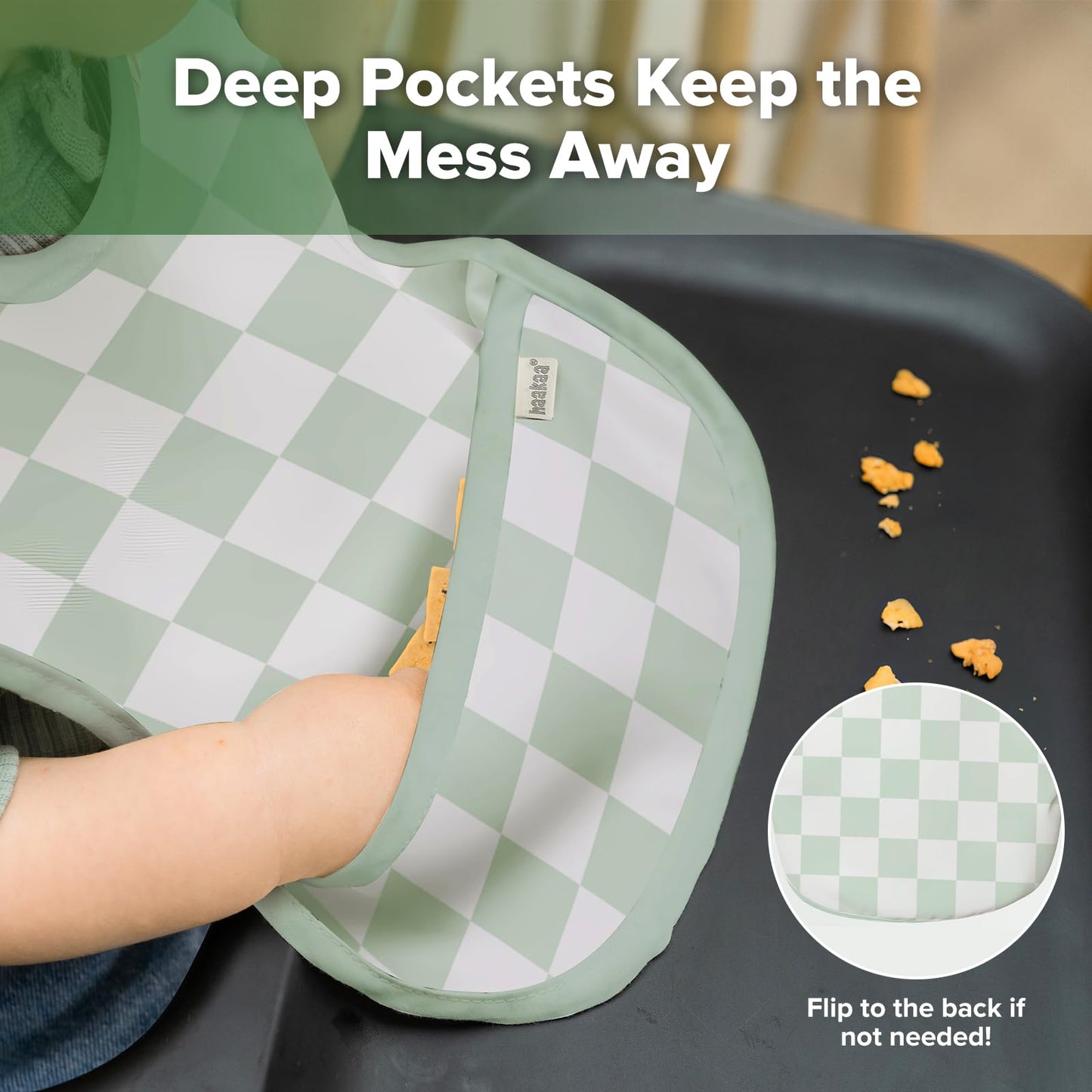 haakaa Baberos a prueba de desorden para comer, ultraligeros e impermeables con bolsillo para alimentos, lavable a máquina, ajuste ajustable para 6 a 24 meses, paquete de 2, Dino Land + días a cuadros