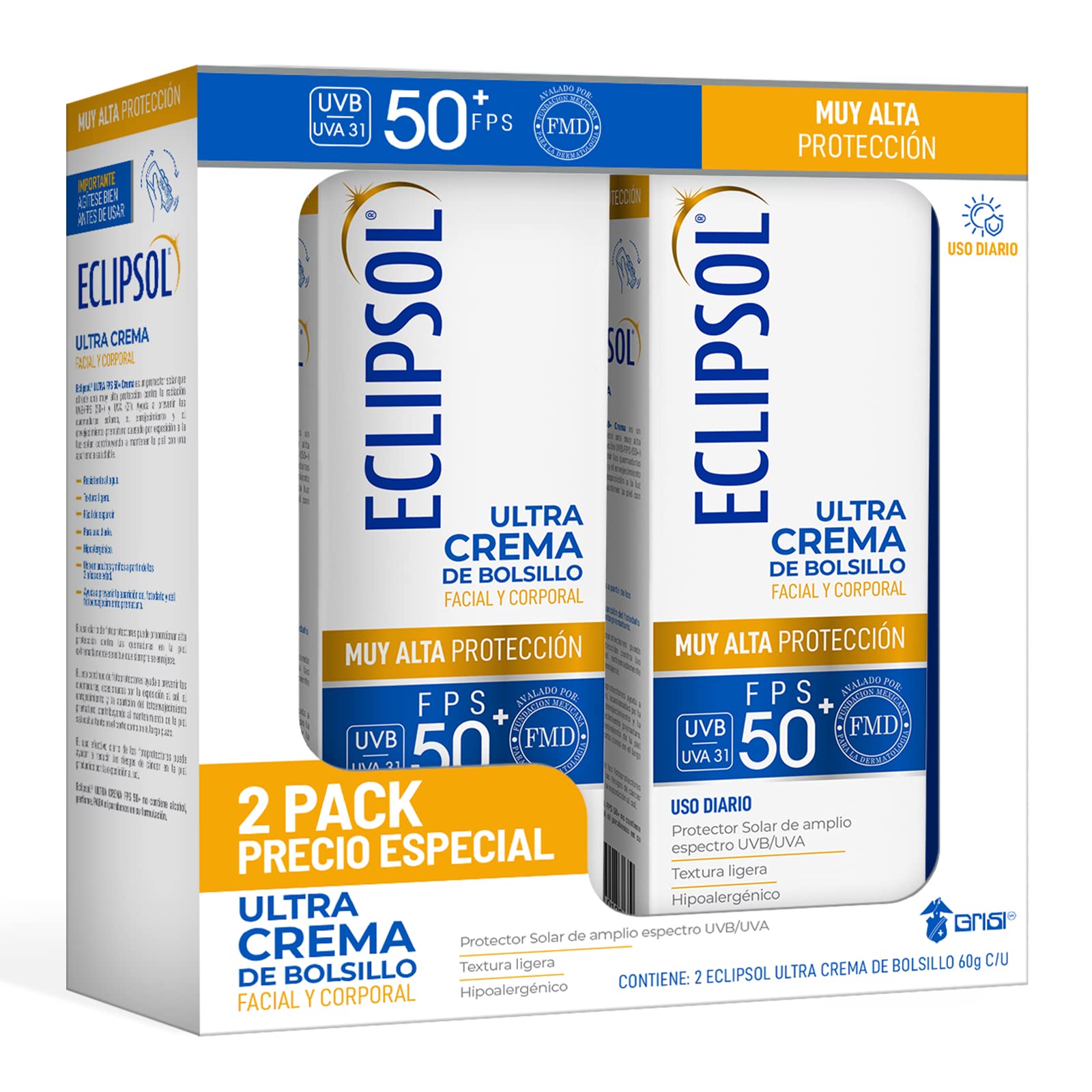 Crema Protector Solar Eclipsol FPS50+ Ultra Ligera Hipoalergénica Resistente al Agua para Toda la Familia