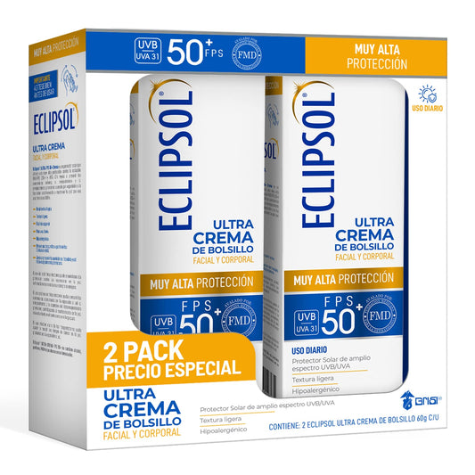 Eclipsol Ultra Crema Protector Solar Facial y Corporal FPS50+, Hipoalergénico, Textura Ligera y Resistente al Agua, Uso Diario para Toda la Familia, 2 Pack de 60g c/u