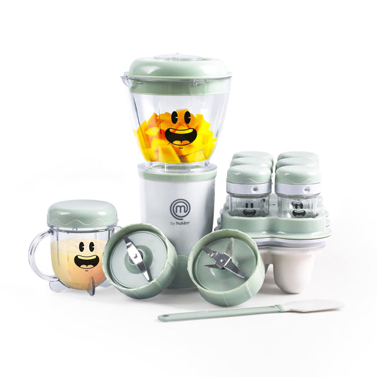 Hukën x MasterChef | Set de Licuadora Nutri-Baby | 2 Aspas para Papillas y Cereales | Vasos de 450 ml y 170 ml | 6 Contenedores con Fecha | Bandeja para Congelar