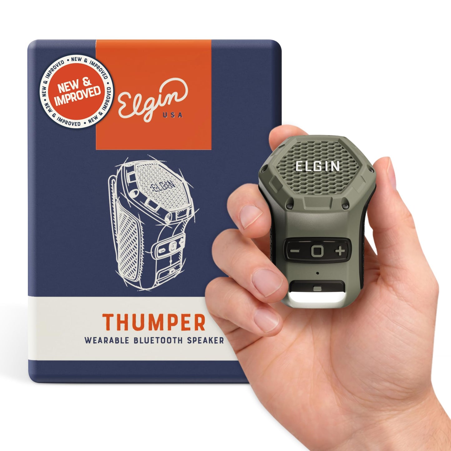 Elgin Thumper Mini Altavoz Bluetooth Portátil, 35 Horas de Duración de Batería, Alcance Inalámbrico de 15 m, Resistente al Agua, Montura Magnética y Diseño de Clip con Luz de Trabajo LED para Sitio de