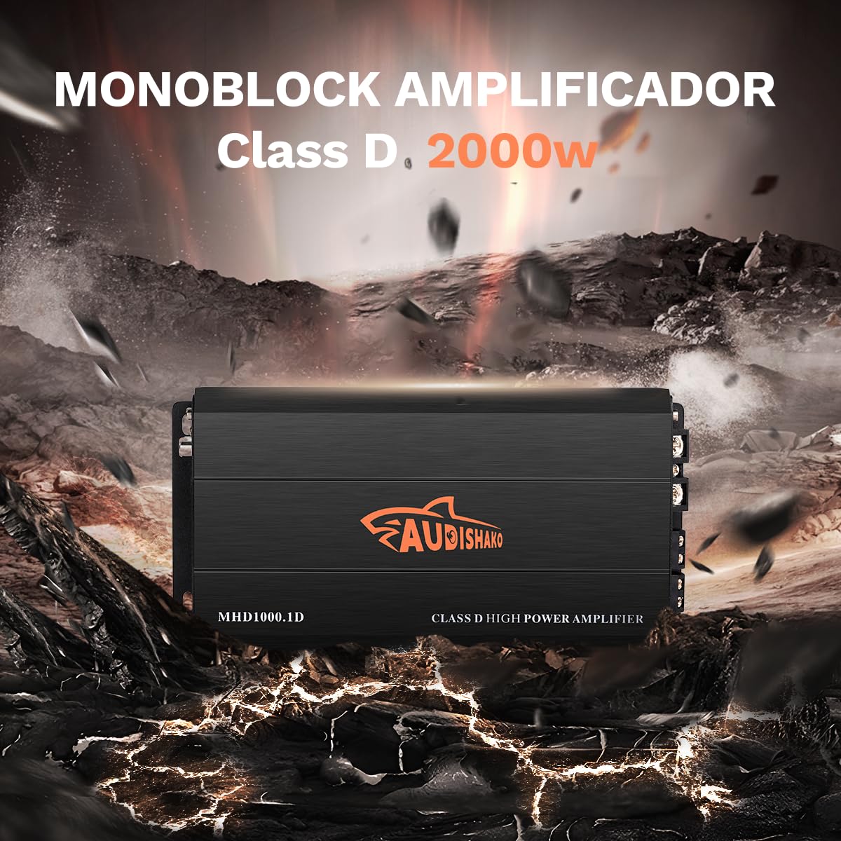 AUDISHAKO 2000W Amplificador de Audio para Coche de 1 Canal,Amplificador para Auto de Clase D, 2 Ohm 500W Subwoofer Amplificador para Motocicletas, Coches Deportivos y Otros Sistemas de Audio