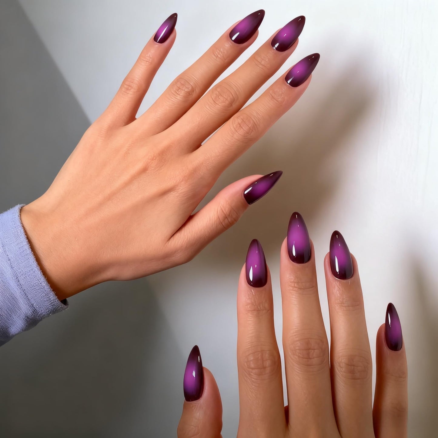SXVME Uñas postizas en almendra, degradado ruborizado rosa fuerte y negro, stiletto mediano, uñas postizas francesas con degradado, calidad de salón, uñas góticas reutilizables de gel suave para mujer