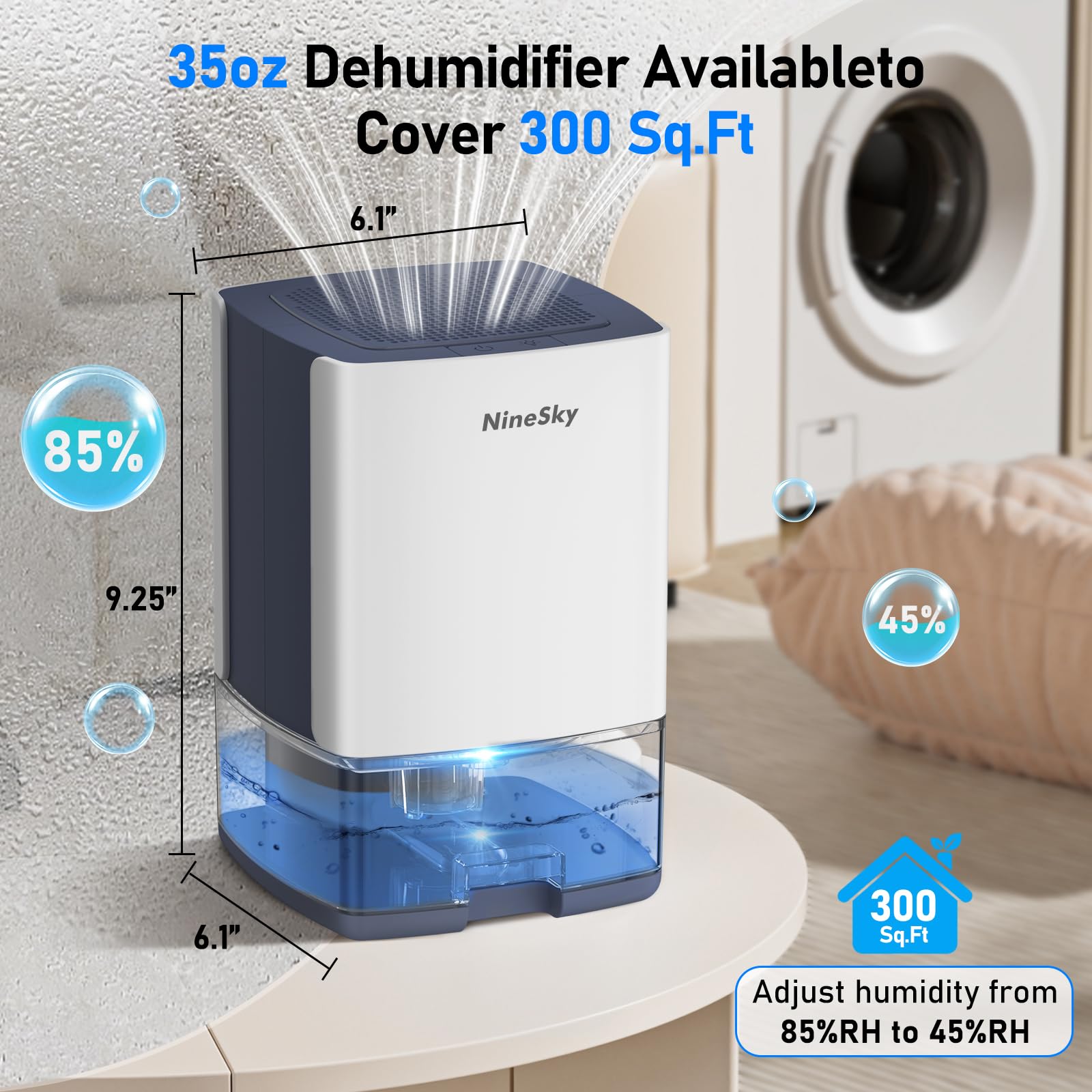 Deshumidificador NineSky blanco azul tanque 300 onzas con Luces Coloridas y Apagado Automático para el Hogar
