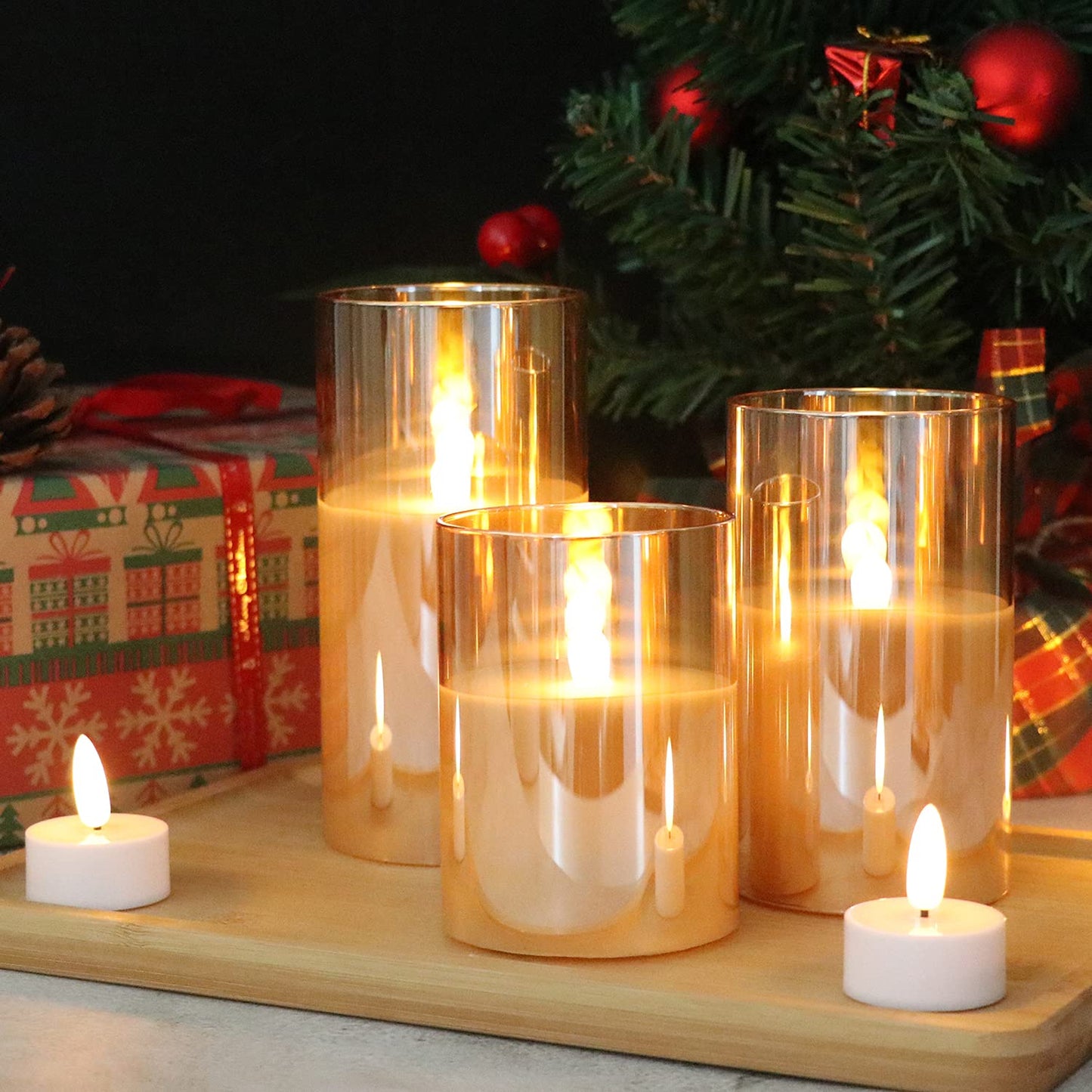 GenSwin - Velas led sin llama de vidrio dorado con control remoto de 10 teclas y temporizador, velas de cera real, luz blanca cálida parpadeante para decoración del hogar (juego de 3)