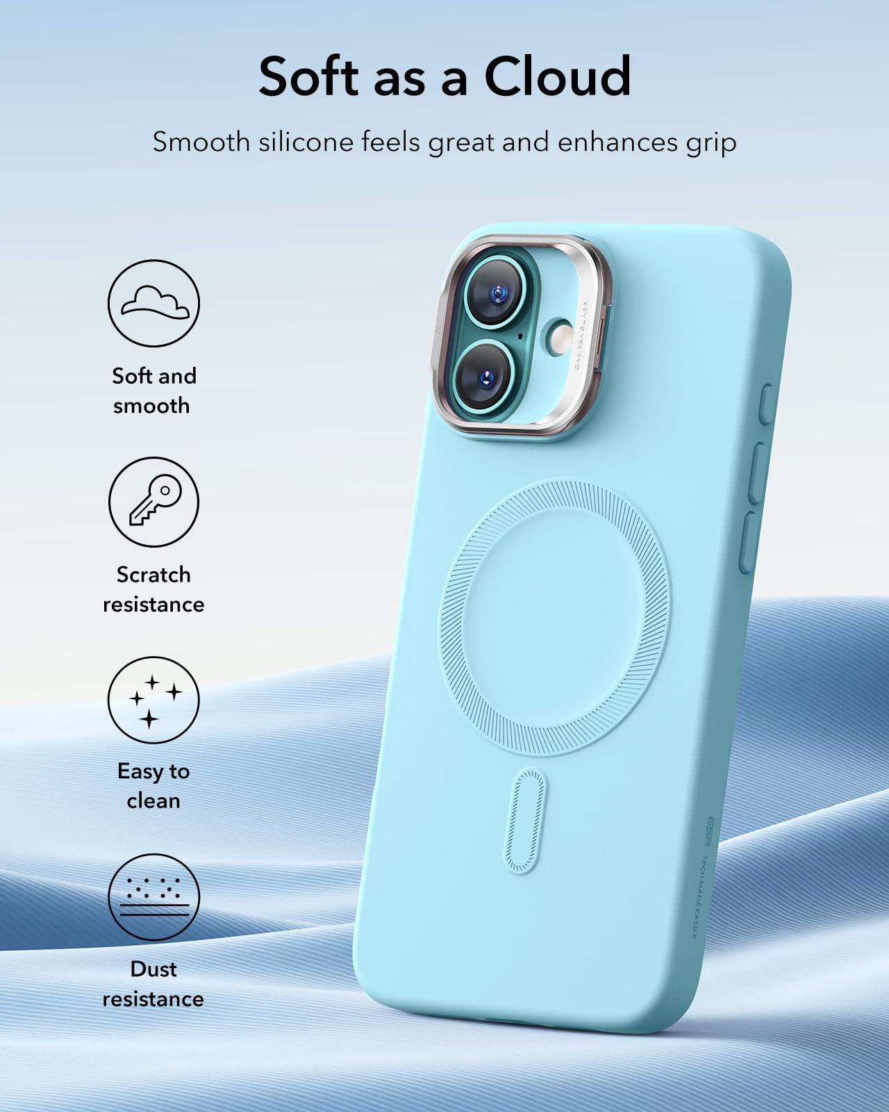 ESR - Funda para iPhone 16 de silicona con botón de control de cámara y soporte, compatible con MagSafe, soporte para cámara integrado, magnética, para iPhone 16 Pro Max, serie Cloud, verde azulado