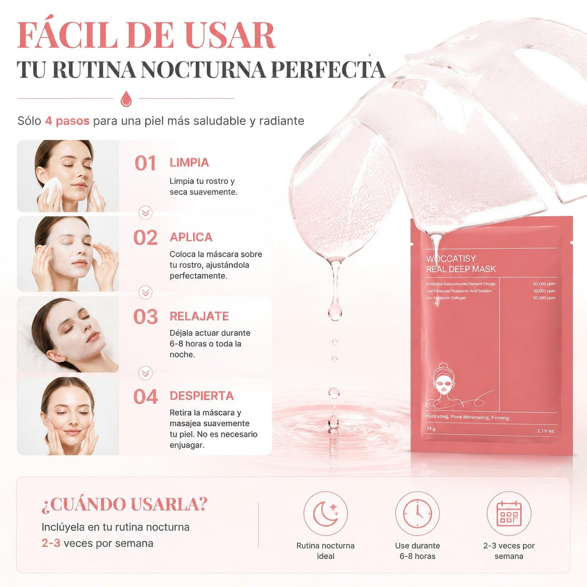 Woccatisy Mascarilla de Colágeno para Mujer - 8 Piezas - Mascarilla Hidrogel con Niacinamida - Hidratación Profunda 8h - Reduce Poros - Aporta Brillo y Elasticidad