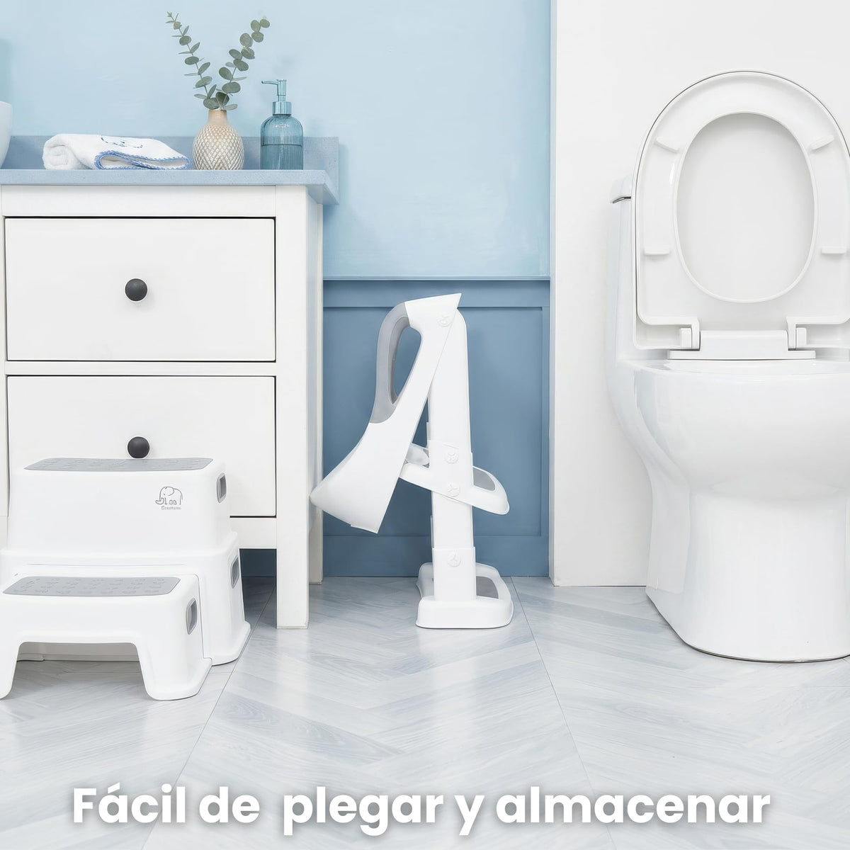 Timotech Asiento de Entrenamiento para Baño con Escalera Plegable y Cojín Suave, Adaptador de Inodoro Infantil con Agarraderas de Seguridad y Escalón Antideslizante para Niños y Niñas, Gris/Blanco