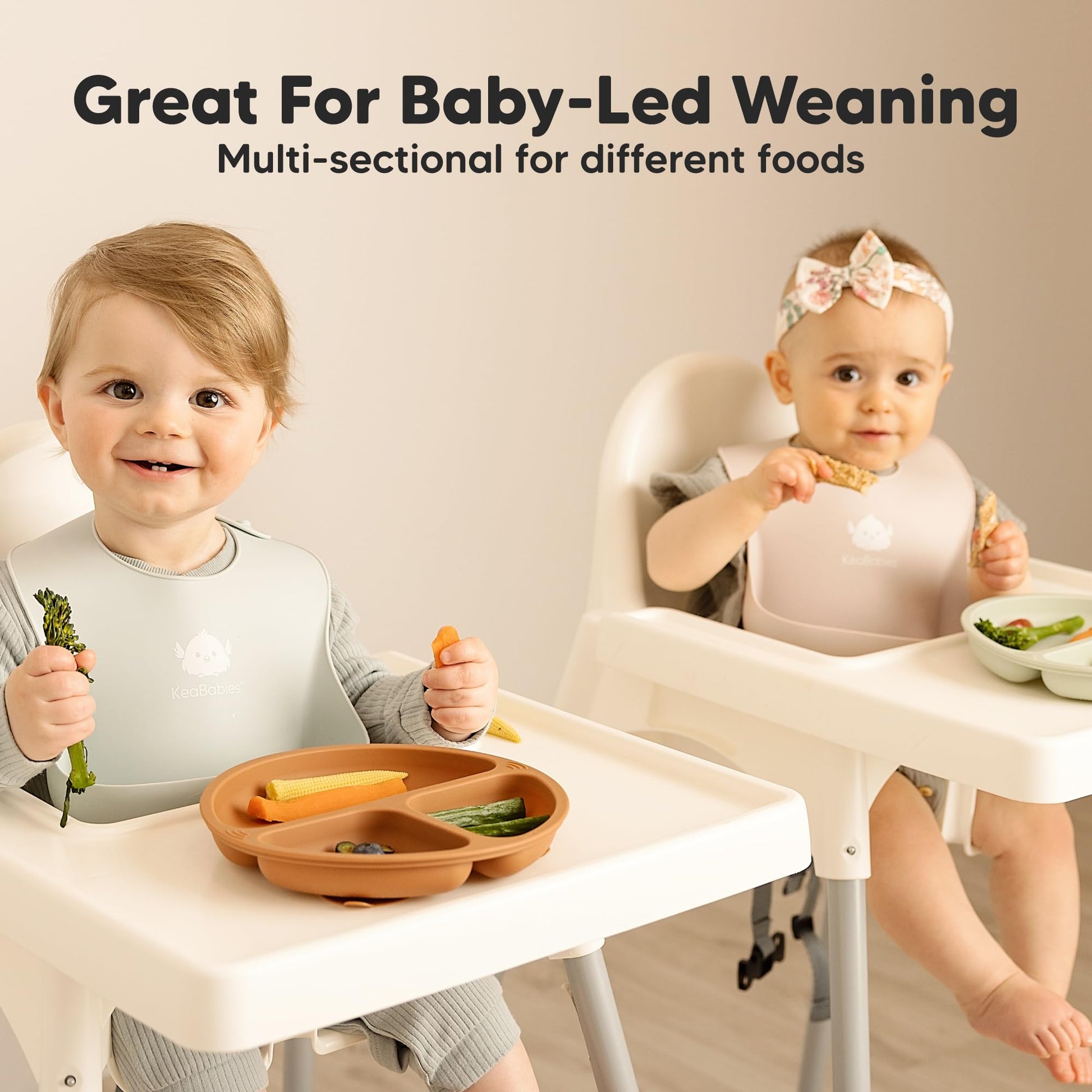 KeaBabies Platos infantiles para bebé, 3 unidades, 100% silicona, con ventosa, platos para niños divididos con división, placas de silicona para bebé, sin BPA, aptos para microondas (desierto)