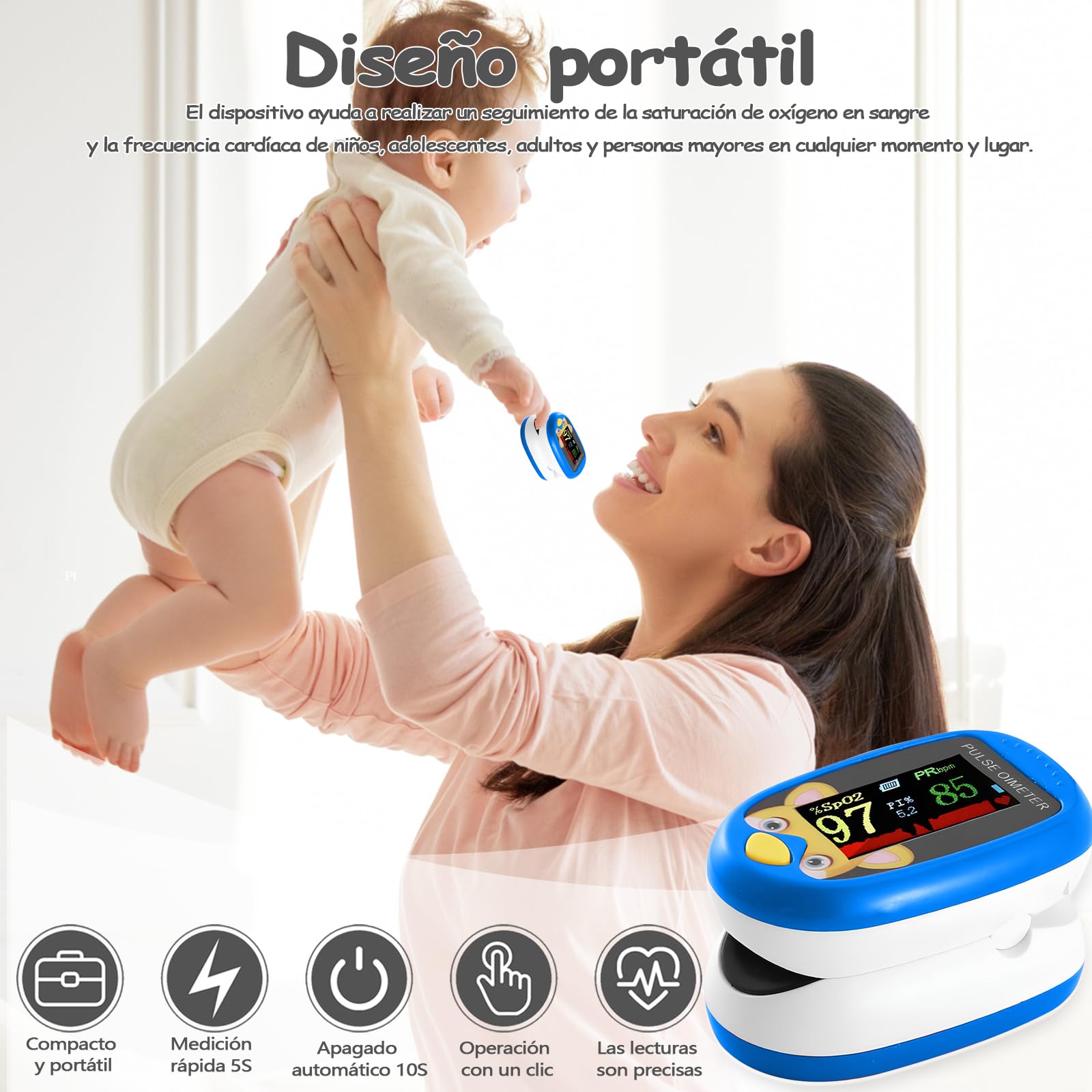 Oxímetro Pediátrico Recargable Digital Azul para Monitoreo Diario