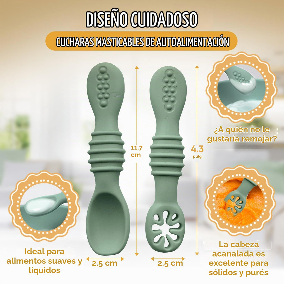 HippoBaby - Cucharas de silicona para bebé, 4 piezas, utensilios autoalimentables para bebé, 6 a 12 meses, 3 cucharas para bebé, 1 tenedor para bebé, juego de cubiertos para niños pequeños, sin BPA