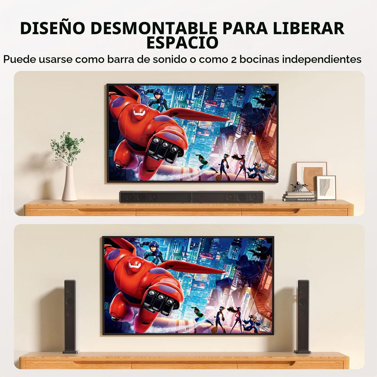 Barra de Sonido para Smart TV con Altavoz Bluetooth Desmontable y Graves Ajustables