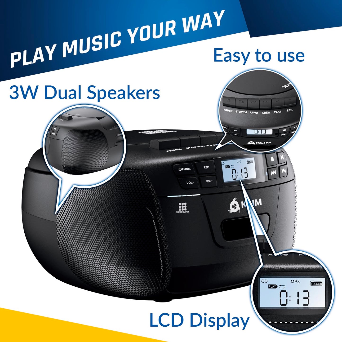 KLIM CD + reproductor de cinta de cassette, Bluetooth CD Boombox, radio AM/FM, sonido estéreo, control remoto, reproductor de CD y cassette, grabación de cinta, unidad USB, AUX