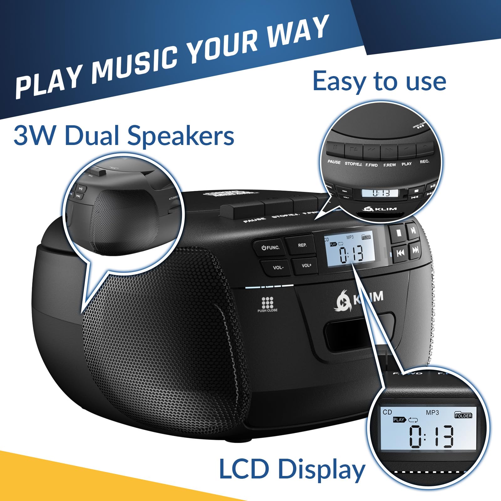 KLIM CD + reproductor de cinta de cassette, Bluetooth CD Boombox, radio AM/FM, sonido estéreo, control remoto, reproductor de CD y cassette, grabación de cinta, unidad USB, AUX