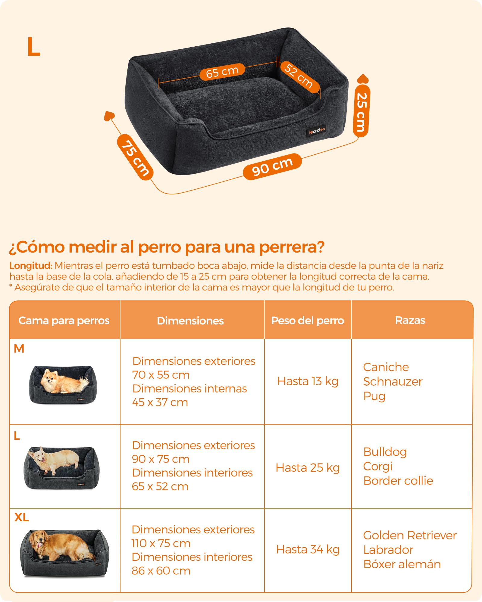 Feandrea Cama para Perros, Sofá para Mascotas, 90 x 75 x 25 cm, Bordes Elevados, L, para Perros Medianos, Gris Oscuro MPGW011G01