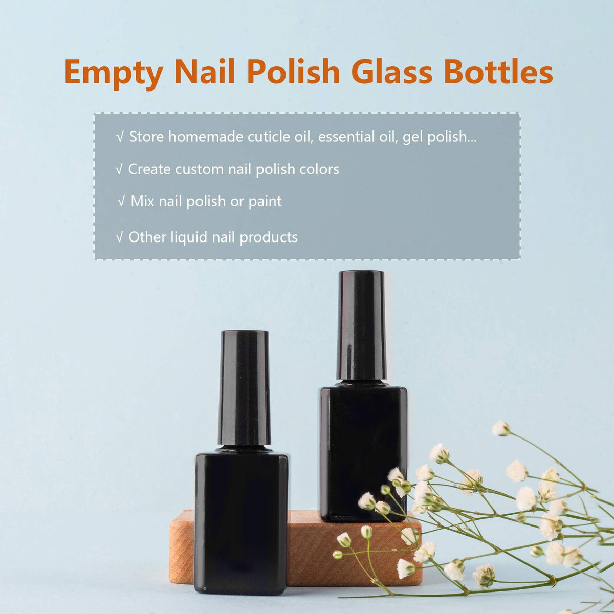 GTHER 20 botellas vacías de esmalte de uñas, botellas de vidrio rellenables, frascos con tapa de cepillo y embudo y bolas de mezcla, color negro (15 ml)