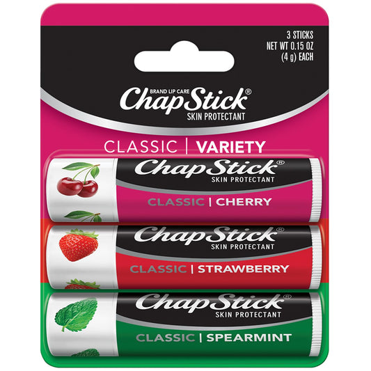 ChapStick Classic (12 Carded Packs of 3 Sticks) Cherry, Strawberry & Spearmint Flavors Skin Protectant Flavored Lip Balm Tube, 0.15 Ounce Each (36 Total Sticks)