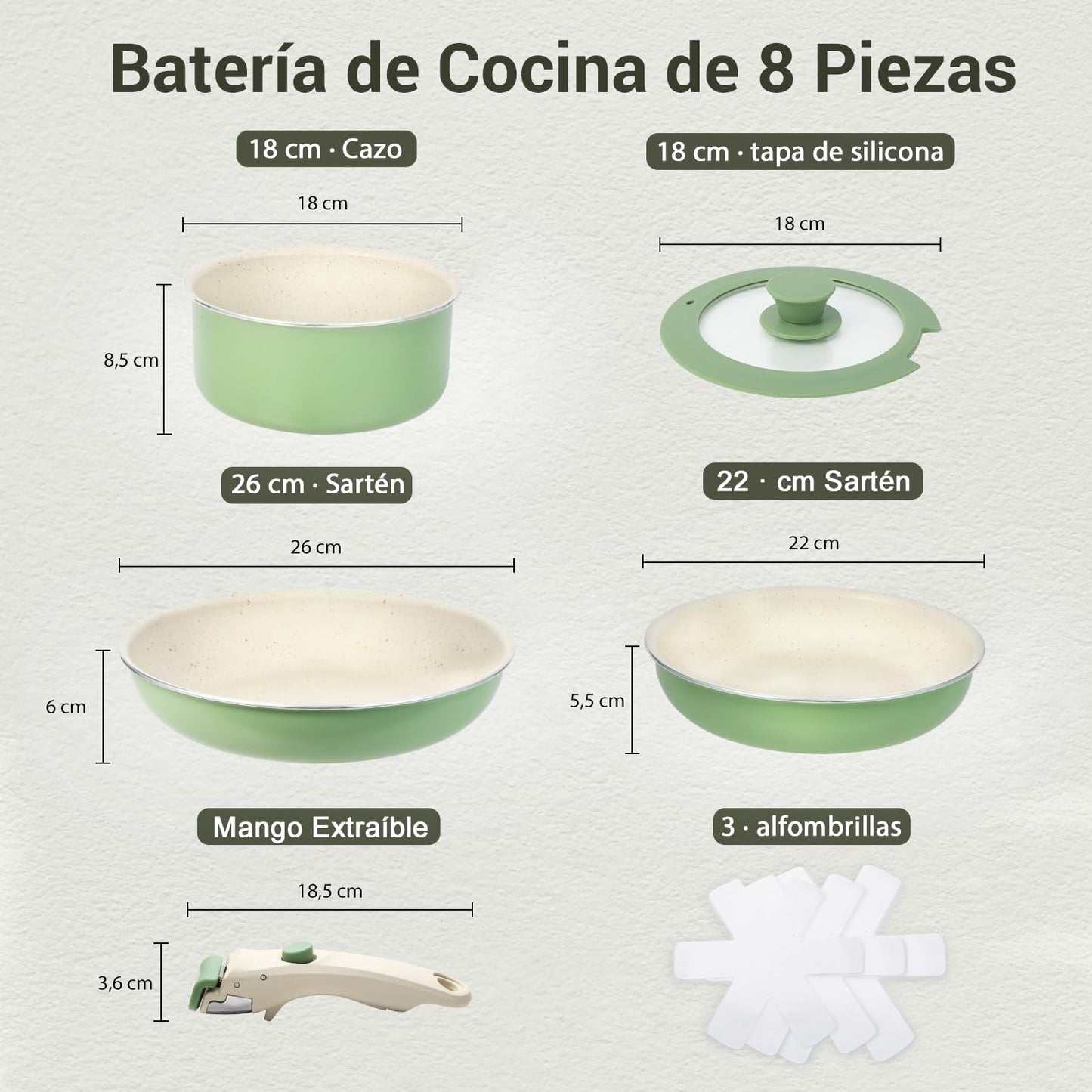 M MELENTA Juego de 8 ollas y sartenes antiadherentes con mango desmontable, bateria de cocina antiadherente de granito de inducción, apto para horno, color verde salvia