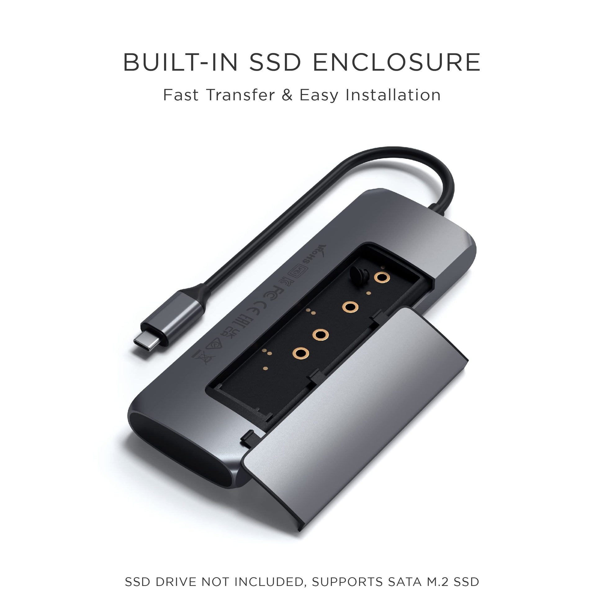 Adaptador Multipuertos Híbrido USB-C SATECHI Gris Espacial con Puertos M.2 SATA SSD y HDMI 4K 60Hz