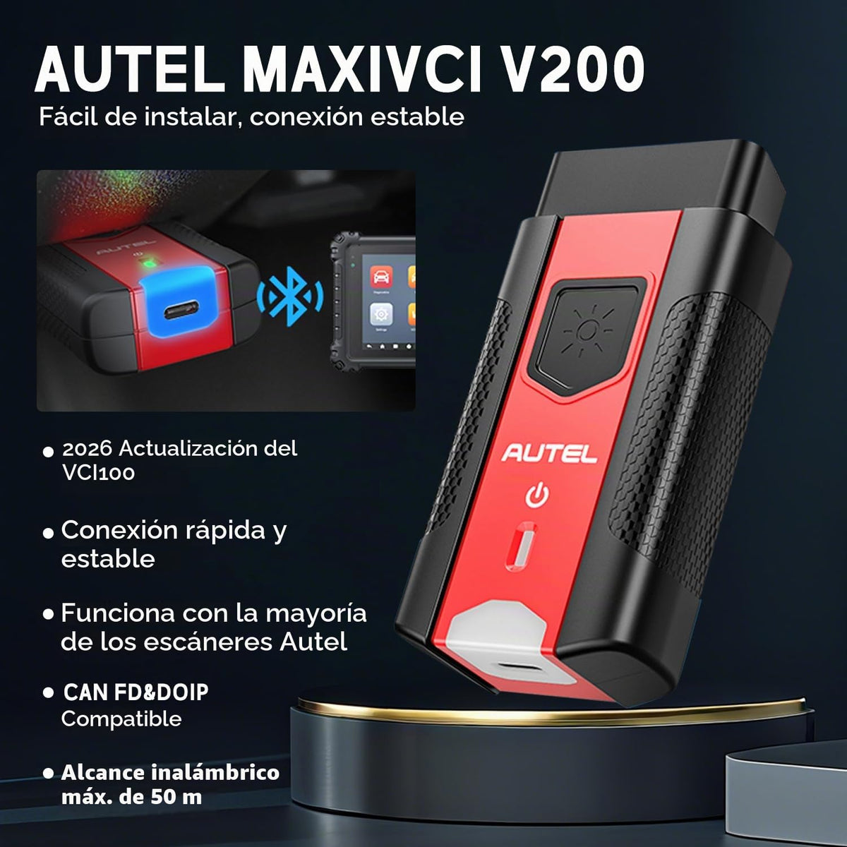 Interfaz de Comunicación Vehicular Autel MaxiVCI V200 Bluetooth Inalámbrico