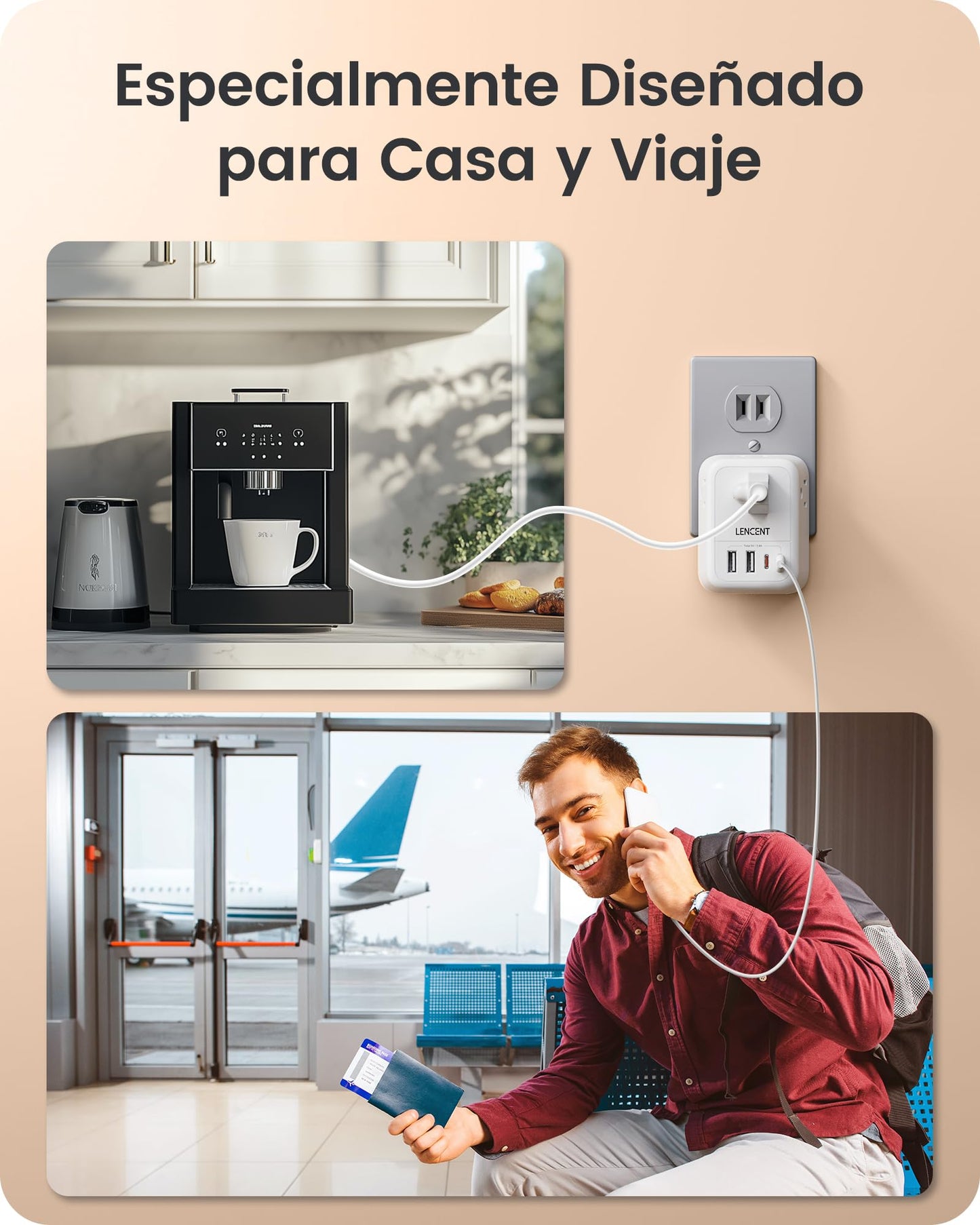 LENCENT Adaptador de Enchufe Plegable, Adaptador de Viaje con 4 Salidas y 4 Puertos USB (2USB C), Cargador Japón Tipo A de 2 a 3 Clavijas, Multicontacto de EE.UU. a Japón Canadá México Filipinas Perú