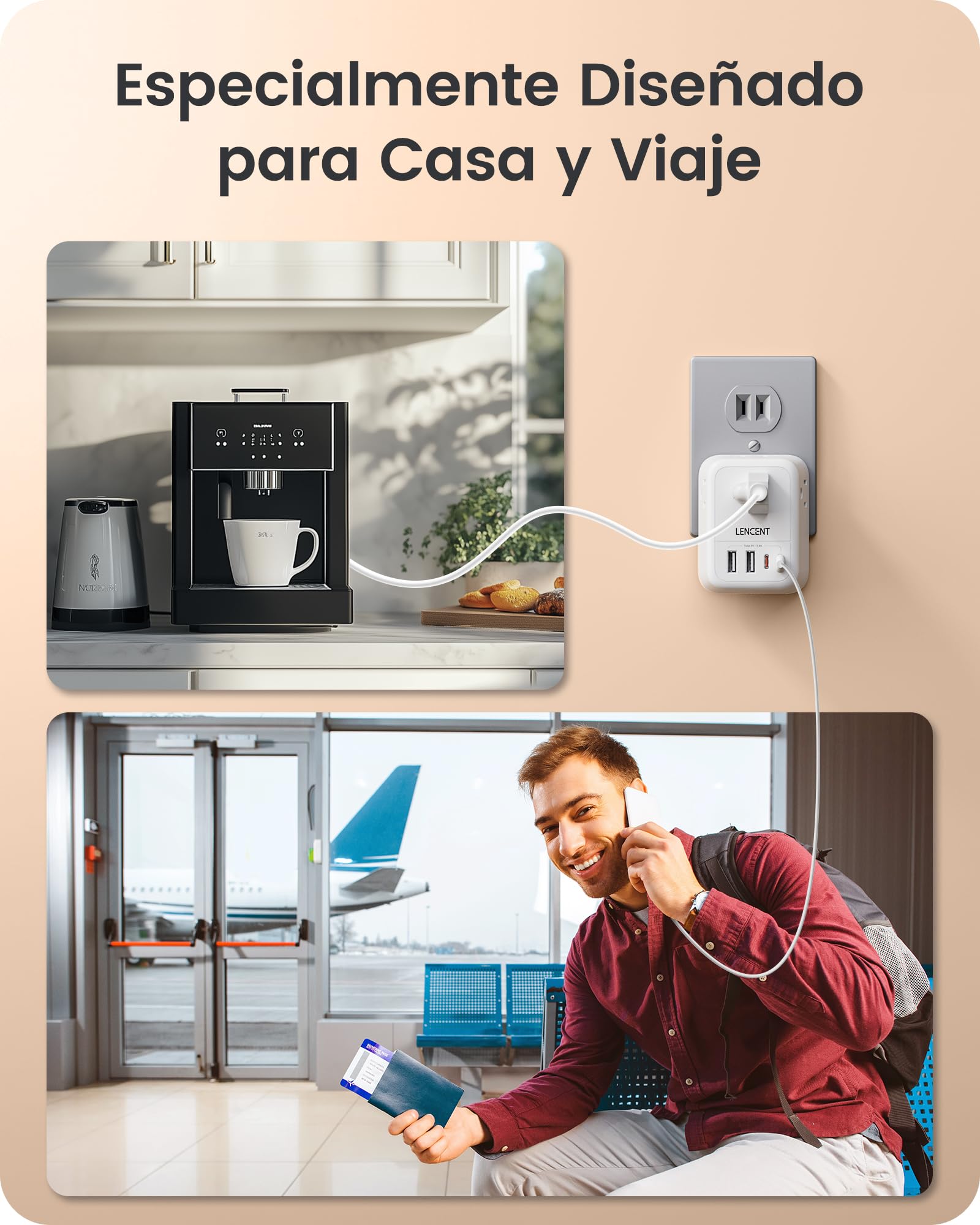 LENCENT Adaptador de Enchufe Plegable, Adaptador de Viaje con 4 Salidas y 4 Puertos USB (2USB C), Cargador Japón Tipo A de 2 a 3 Clavijas, Multicontacto de EE.UU. a Japón Canadá México Filipinas Perú
