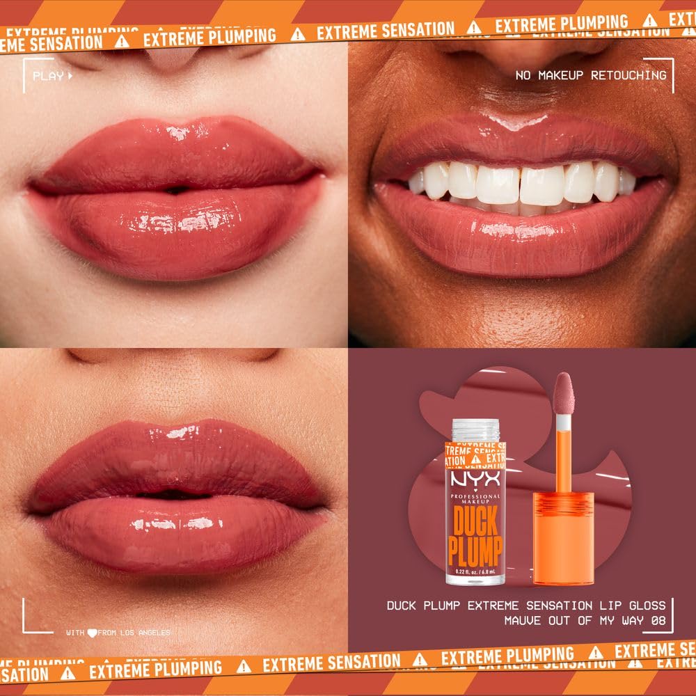 NYX Professional Makeup, Duck Plump, 7ml. Tono: Mauve Out my Way. Brillo labial voluminizador con efecto plumping para un volumen instantáneo. Gloss infusionado con jengibre picante para un volumen visible y de larga duración. Fórmula vegana.