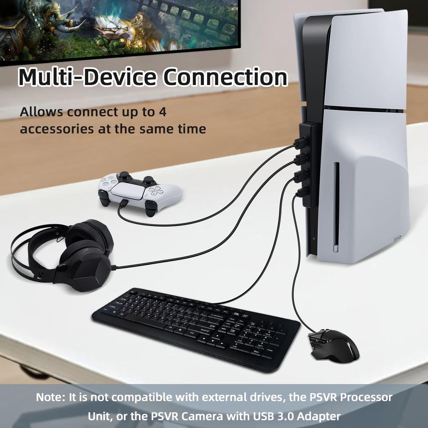 Mcbazel Hub USB para consola PS5 Slim/PS5 Pro solamente, 4 puertos 2.0 de alta velocidad de expansión Hub cargador convertidor adaptador para PlayStation 5 Slim/Pro Disc y edición digital, negro