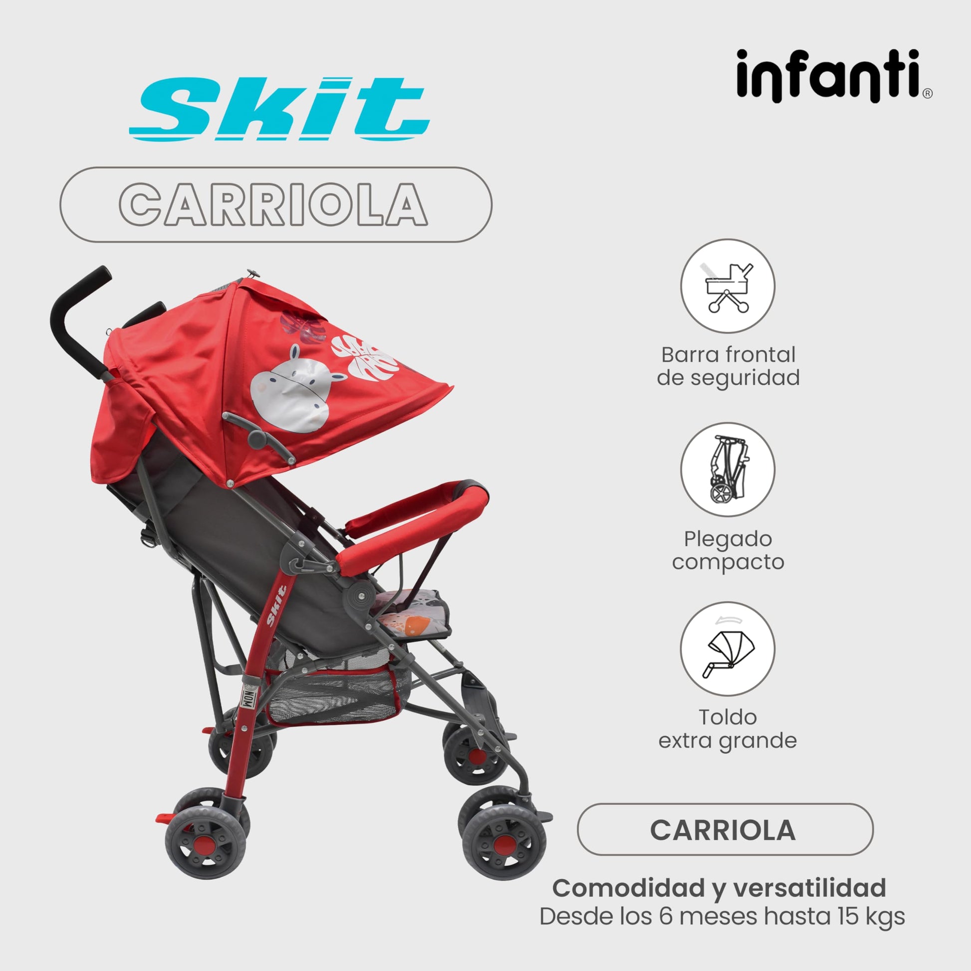 INFANTI | Carriola para Bebe de Baston SKIT | Carriola de Viaje - Carrito para Bebe | Cosas para Bebes 6 Meses hasta 15 kg - Compacta y Plegable | Carriola de Baston Ligera con Arnés de Seguridad
