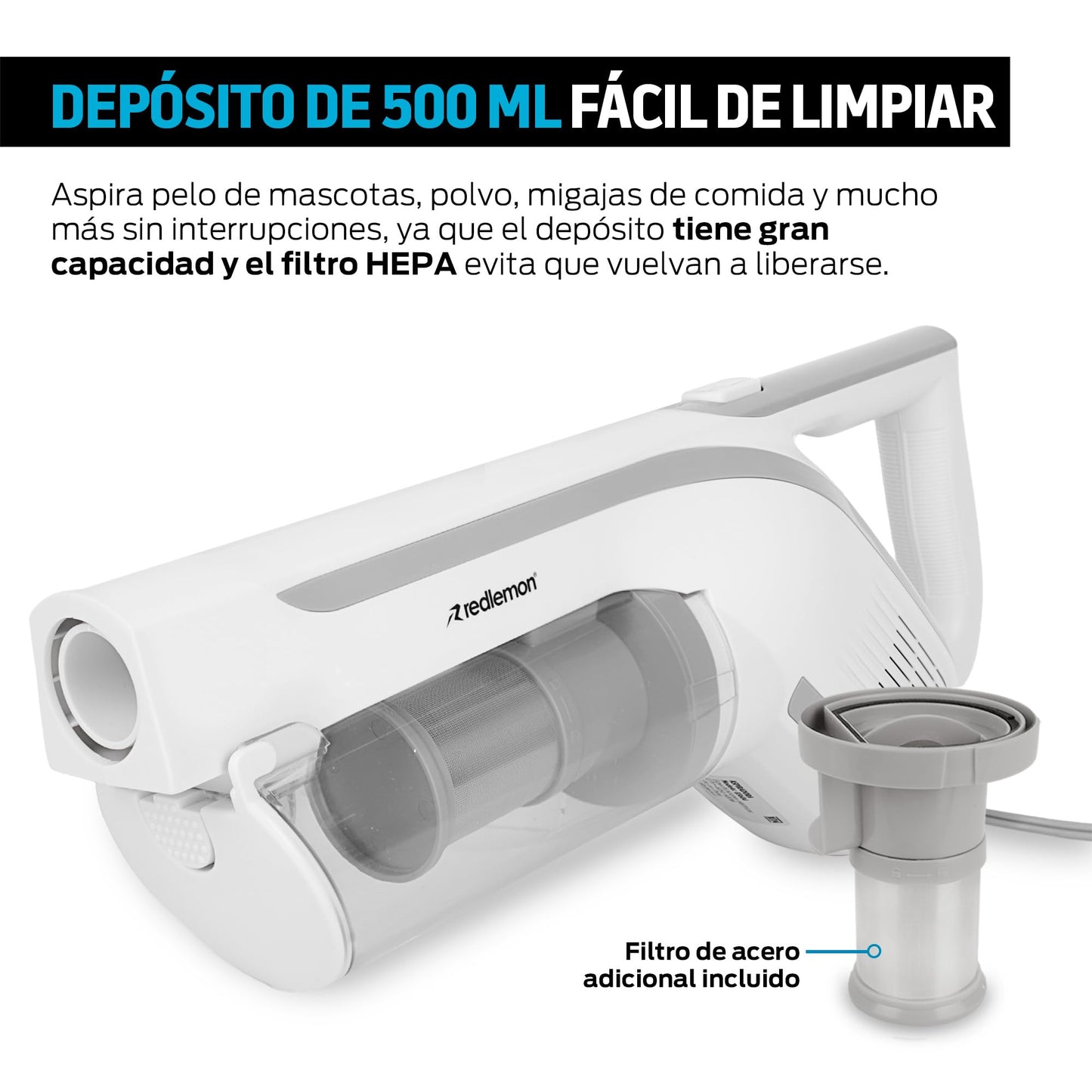Redlemon Aspiradora Alámbrica 2 en 1: Vertical y de Mano, para Pelo de Perro, Gato, Polvo y más, con Cabezal Giratorio, Aspiradora de Mano con Filtro HEPA (Incluye Repuesto), para Casa, Auto y Oficina