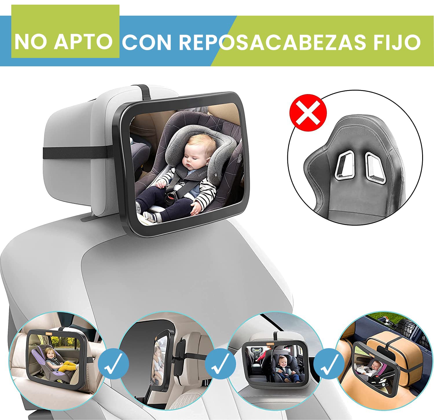 Espejo Bebé Coche - Espejo Asiento Coche Espejo Grande de Seguridad para Niños en Sentido Contrario a la Marcha | Amplia Visión | Inastillable | Rotación de 360° Espejo de Observación para Bebé