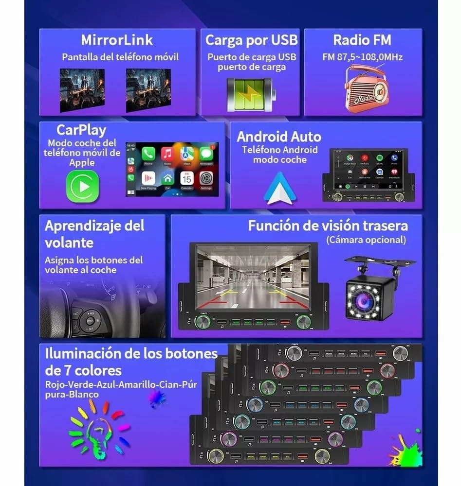 FINYQBET Estéreo para Auto con Pantalla ，Pantalla para Auto 6.2in 1din Carplay Carlife D-Play Mp5+Camara 12 LED Cámara Trasera Radio FM AUX admite MP3 externos, teléfonos móviles