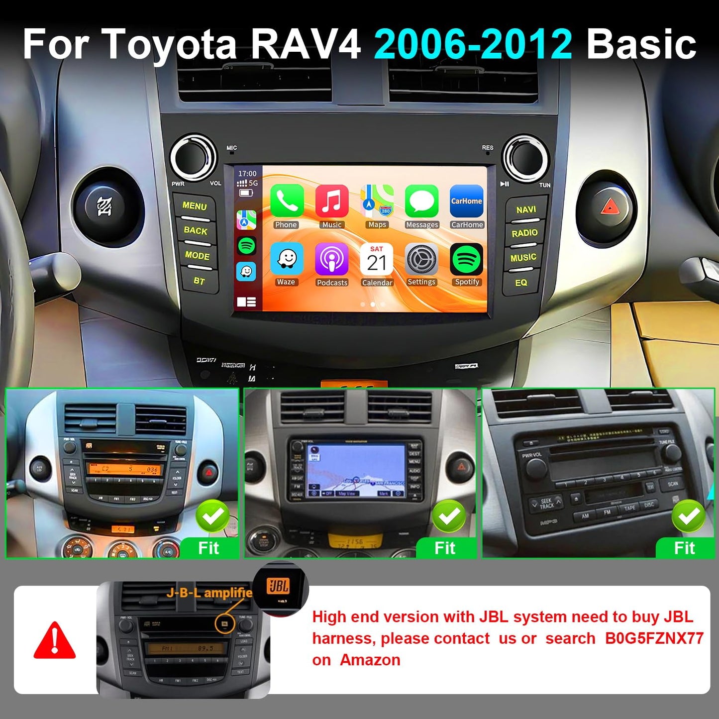 Radio estéreo de coche 4+64G para Toyota RAV4 2006 2007 2008 2009 2010 2011 2012 inalámbrico CarPlay Android Auto, visualización táctil estéreo GPS Navi WiFi, cámara de respaldo, botón físico FM