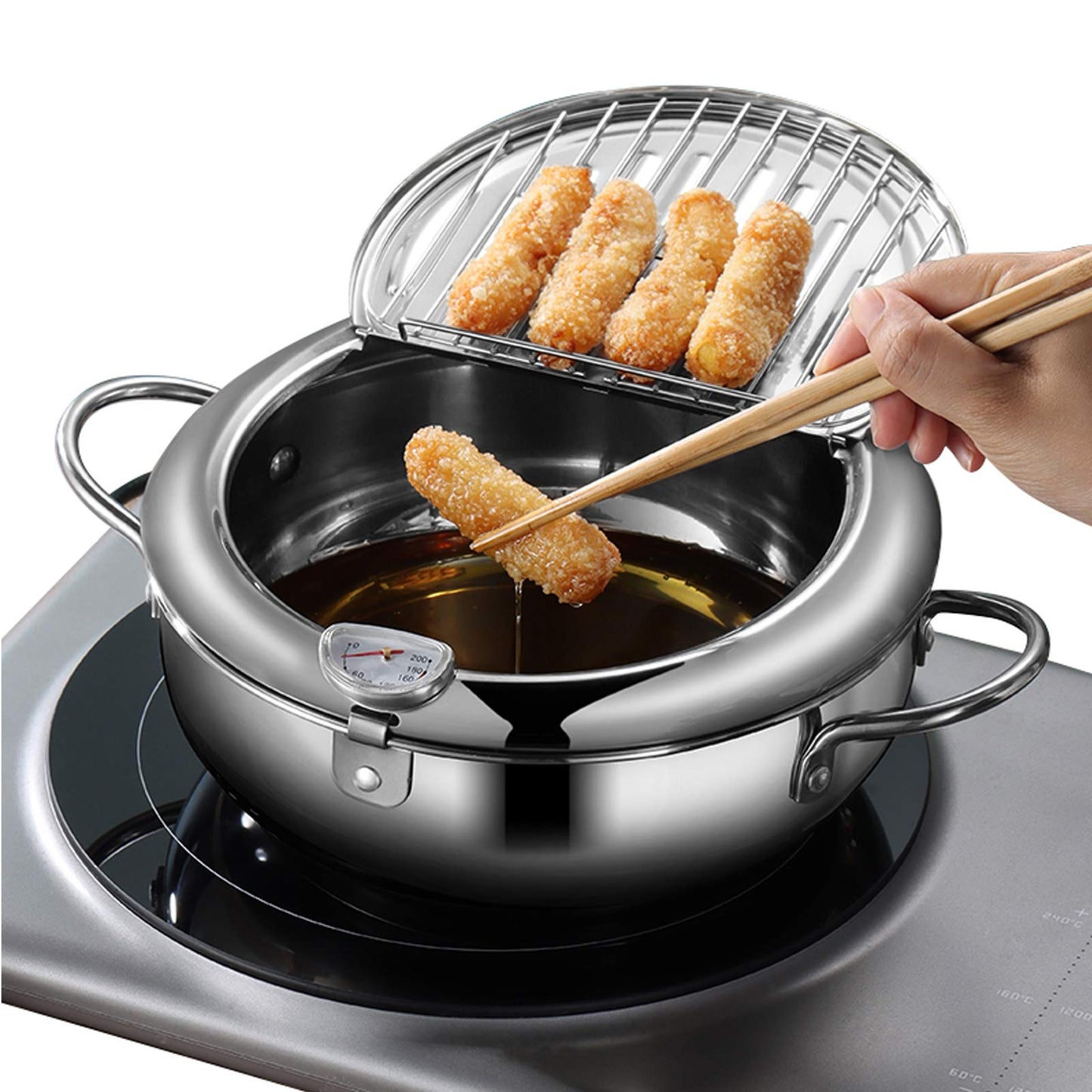 Olla para Freír Tempura Japonesa de Acero Inoxidable con Termómetro y Escurridor plateada, pequeña 24 cm