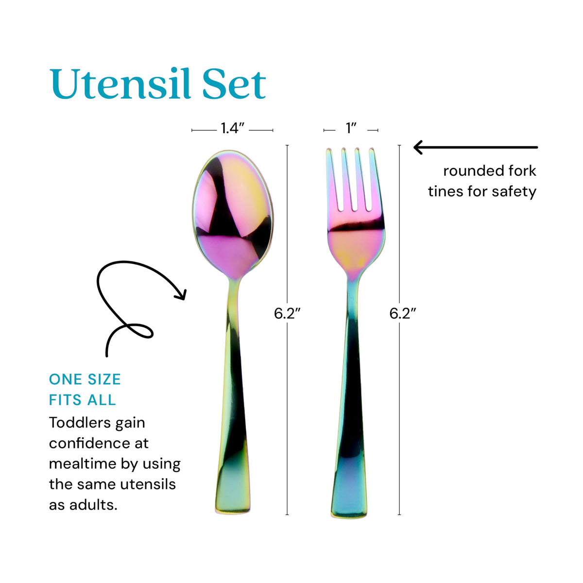 Ahimsa Utensilios de acero inoxidable para niños, juego de 8 piezas de tenedor y cuchara para niños, juego de cubiertos arcoíris diseñado por pediatras, 100% última intervensión de BPA y apto para