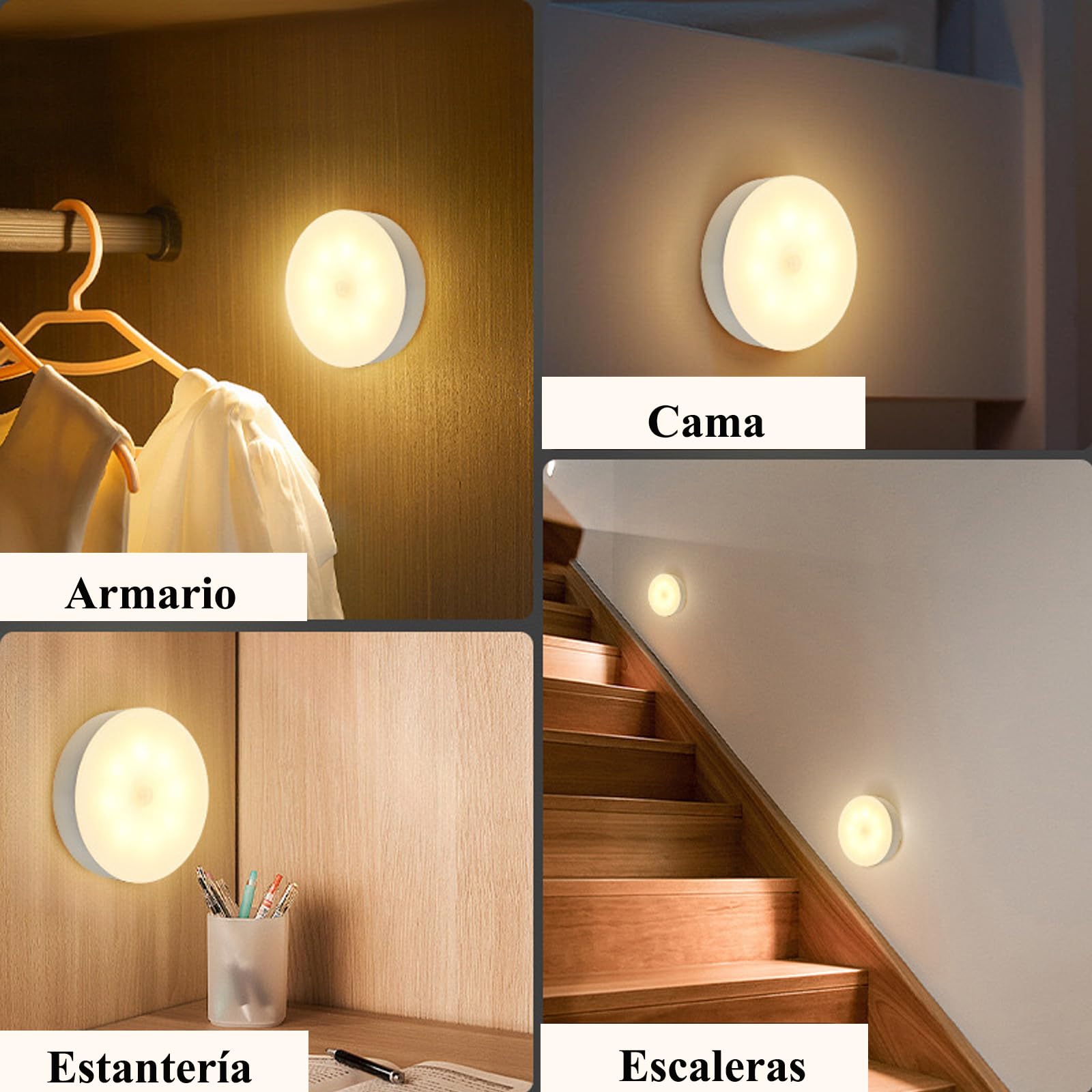 AZHU Luz led con Sensor de Movimiento, 4 Pz Lampara LED Recargable por USB Con Imán, Luces LED para Cocina, Escaleras, Sala, Closet, Estudio(Luz Blanco)