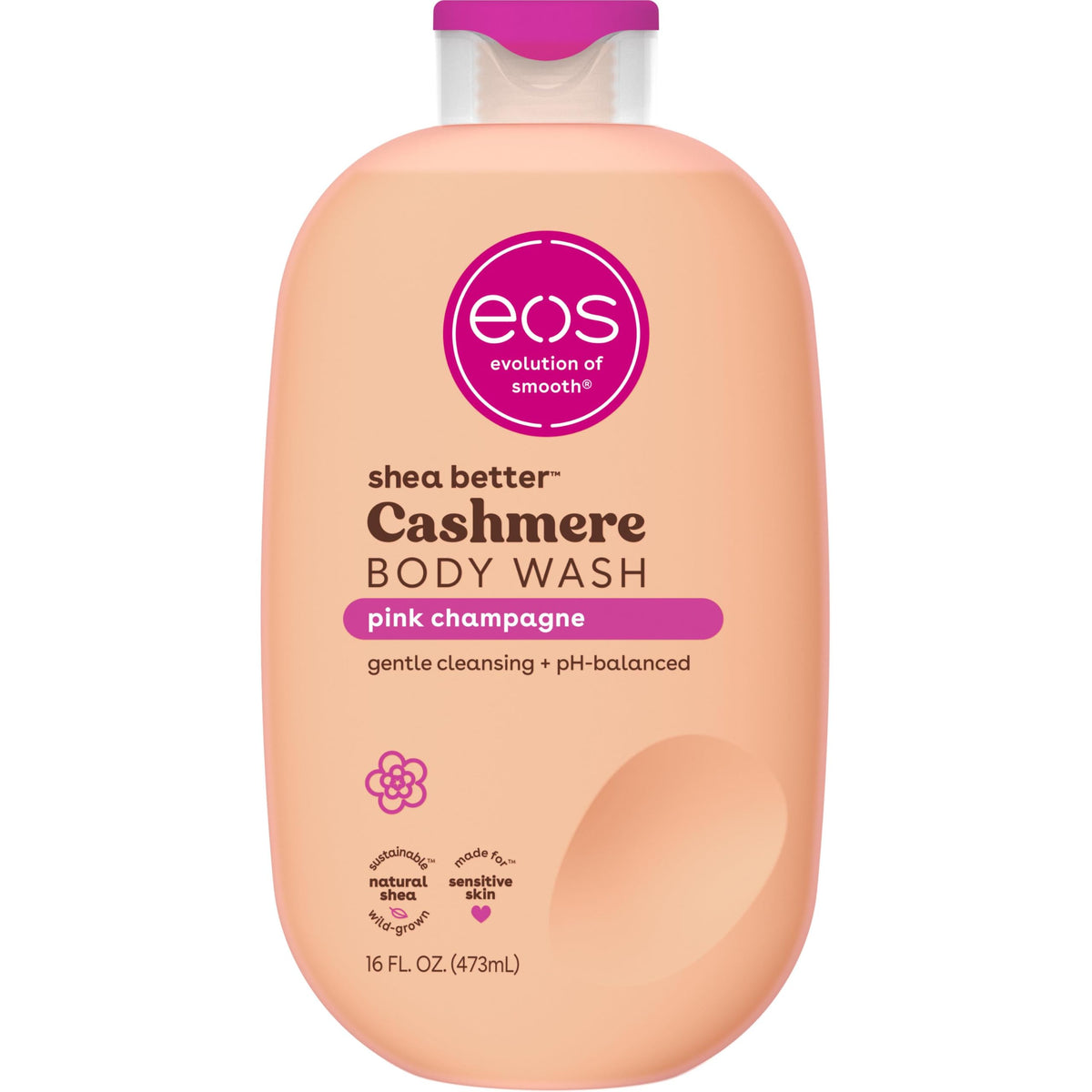 eos Shea Better - Gel de baño de cachemira, champán rosa, hidratante y nutritivo, fórmula de gel cremoso equilibrado de pH, libre de parabenos ni ftalatos, piel sensible, 16 onzas líquidas