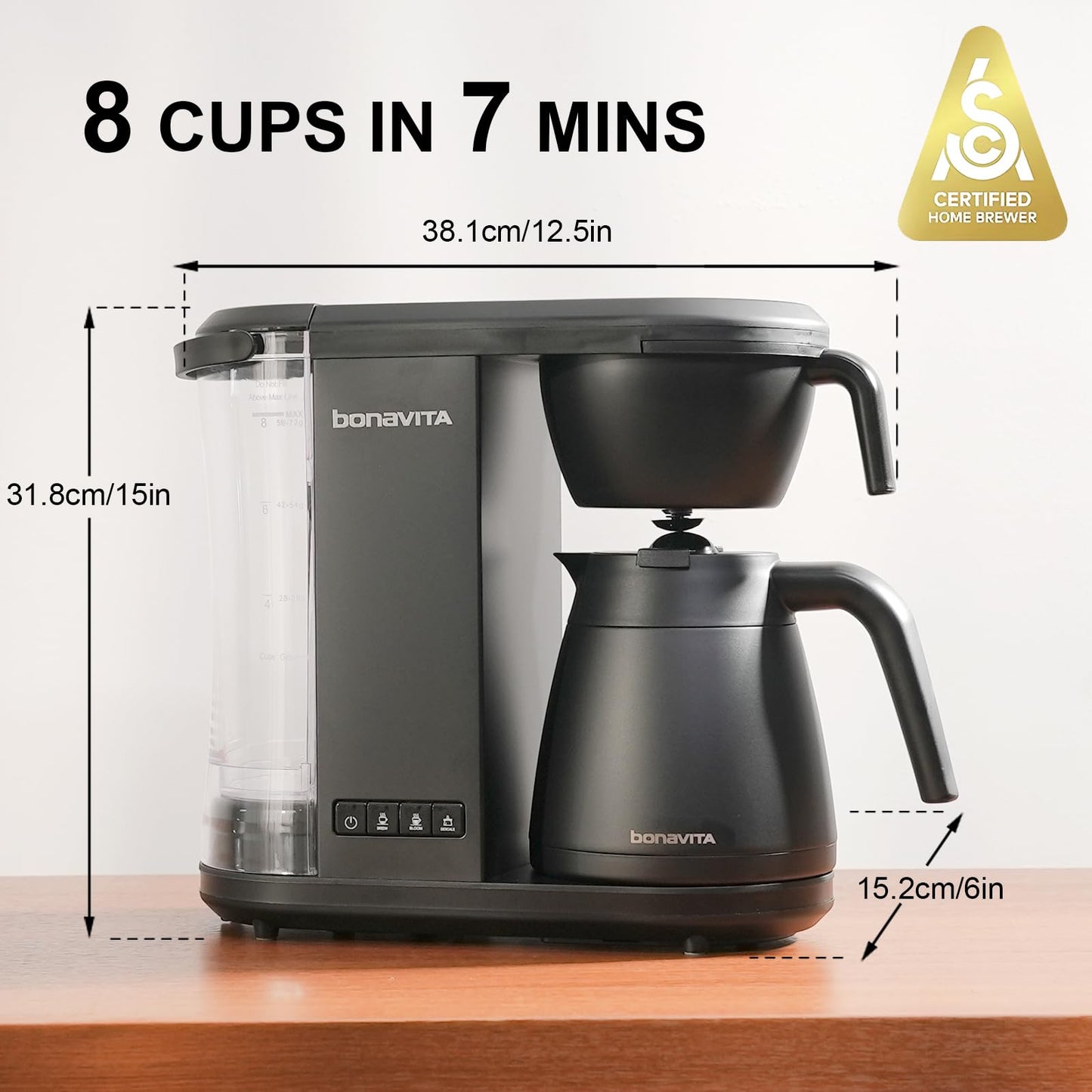 Bonavita Enthusiast - Cafetera de goteo de 8 tazas, con jarra térmica, panel de acero inoxidable, depósito extraíble, color negro mate